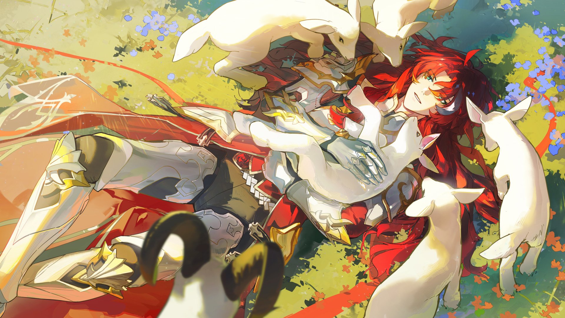 4K Ultra HD desktop wallpaper featuring Argenti from the video game Honkai: Star Rail, surrounded by white rabbits in a vibrant, sunlit meadow setting.