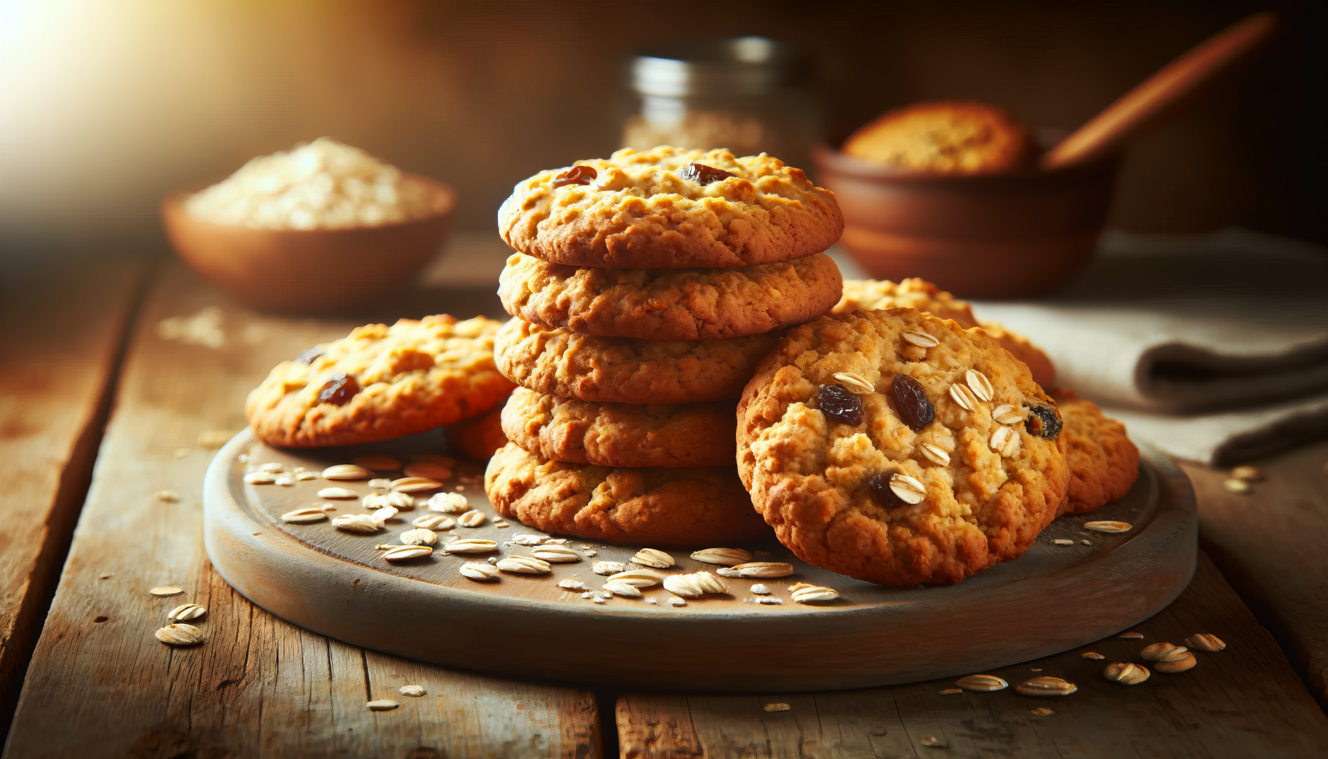 A stack of delicious oatmeal raisin cookies sits on a wooden plate, surrounded by oats and softly lit, creating a warm, inviting desktop wallpaper.