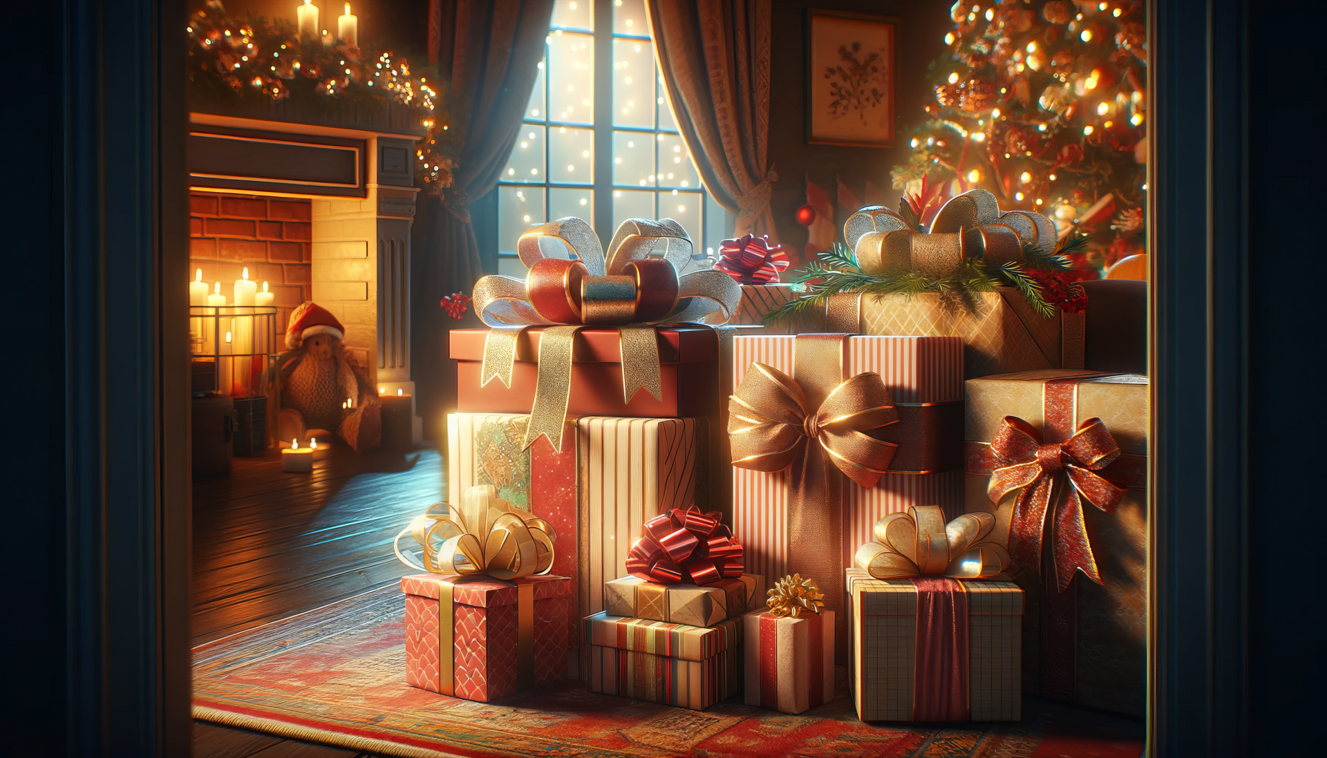 HD wallpaper of a cozy Christmas scene with a pile of beautifully wrapped presents by a festively decorated tree and fireplace, creating a warm holiday background.