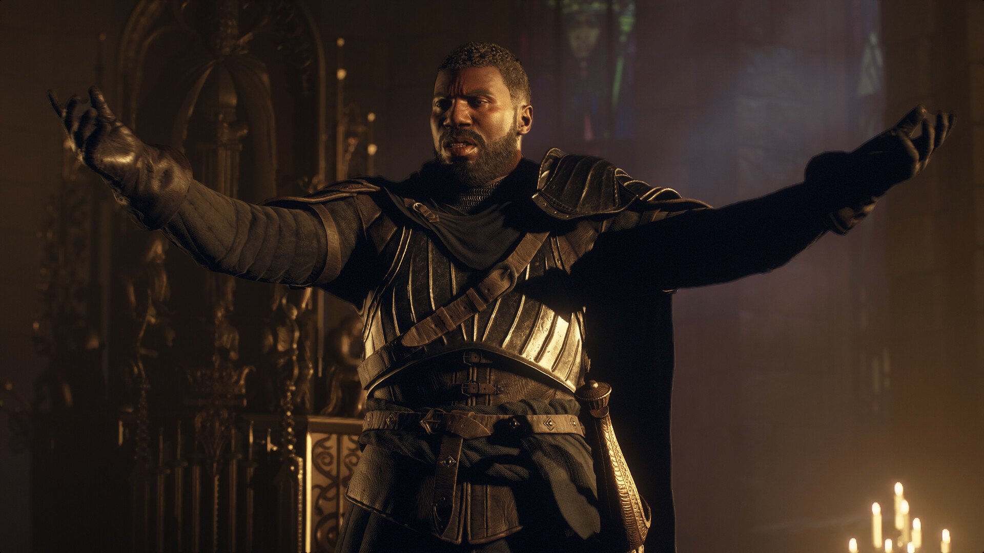 HD desktop wallpaper featuring a knight from Dragon's Dogma 2 standing confidently in a candlelit cathedral.