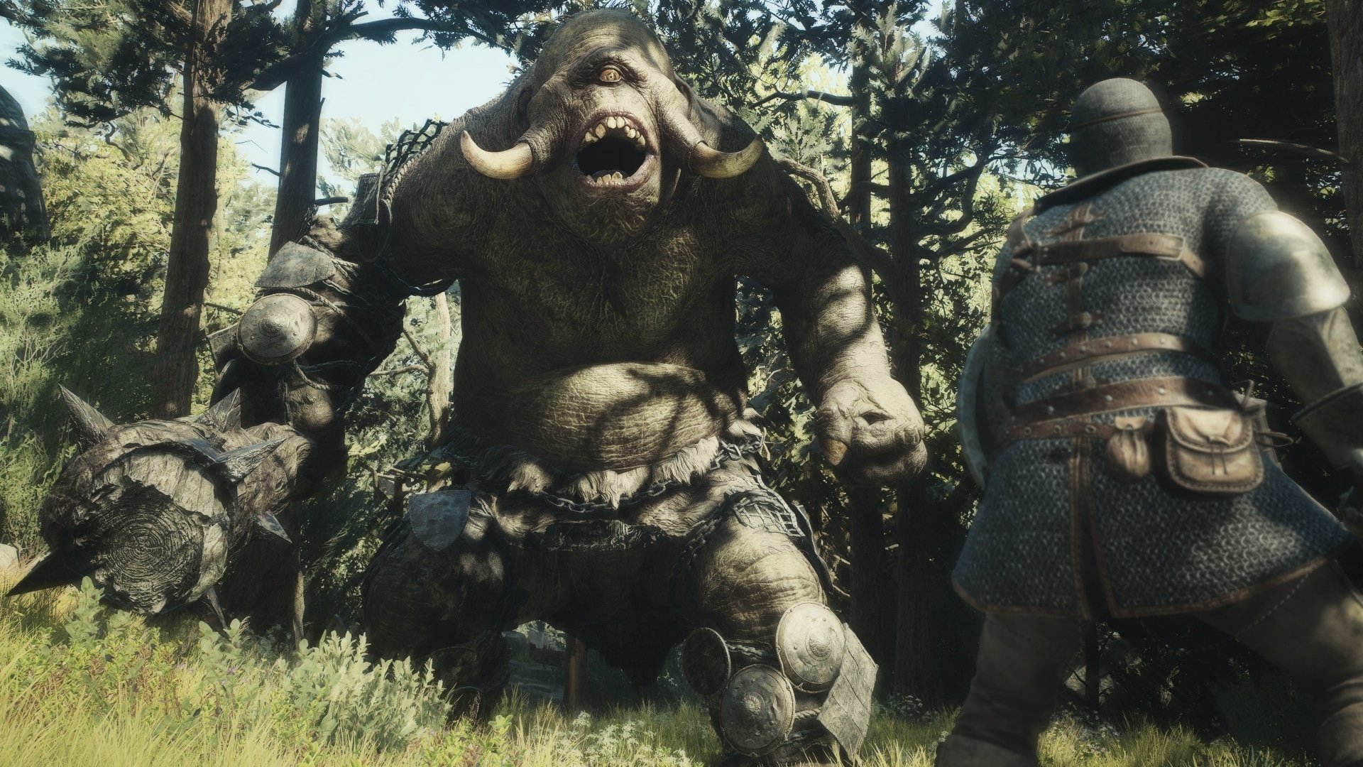 HD desktop wallpaper featuring a menacing troll from the video game Dragon's Dogma 2, with a warrior character engaged in battle amidst a lush forest setting.