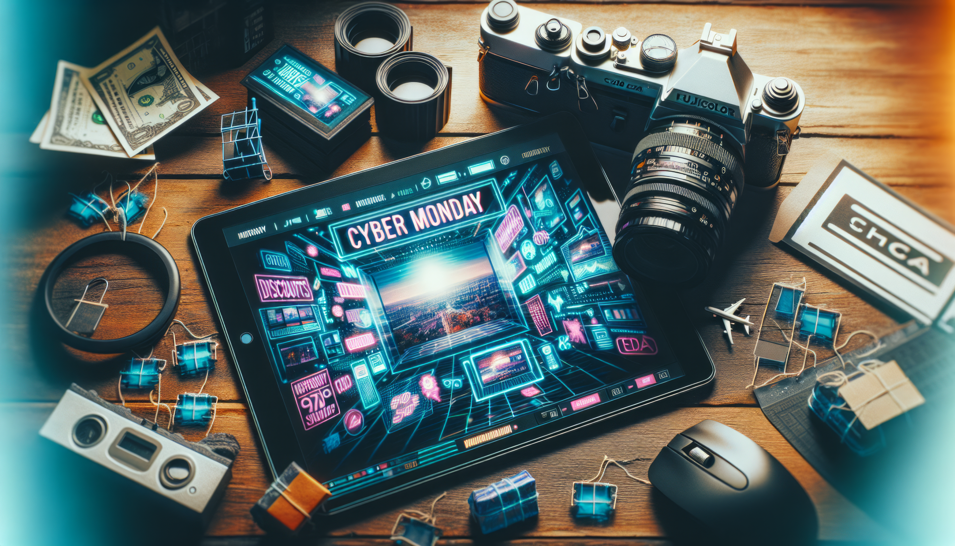 High-definition desktop wallpaper featuring a Cyber Monday theme with vibrant graphics on a tablet surrounded by photography equipment and electronics on a wooden surface.