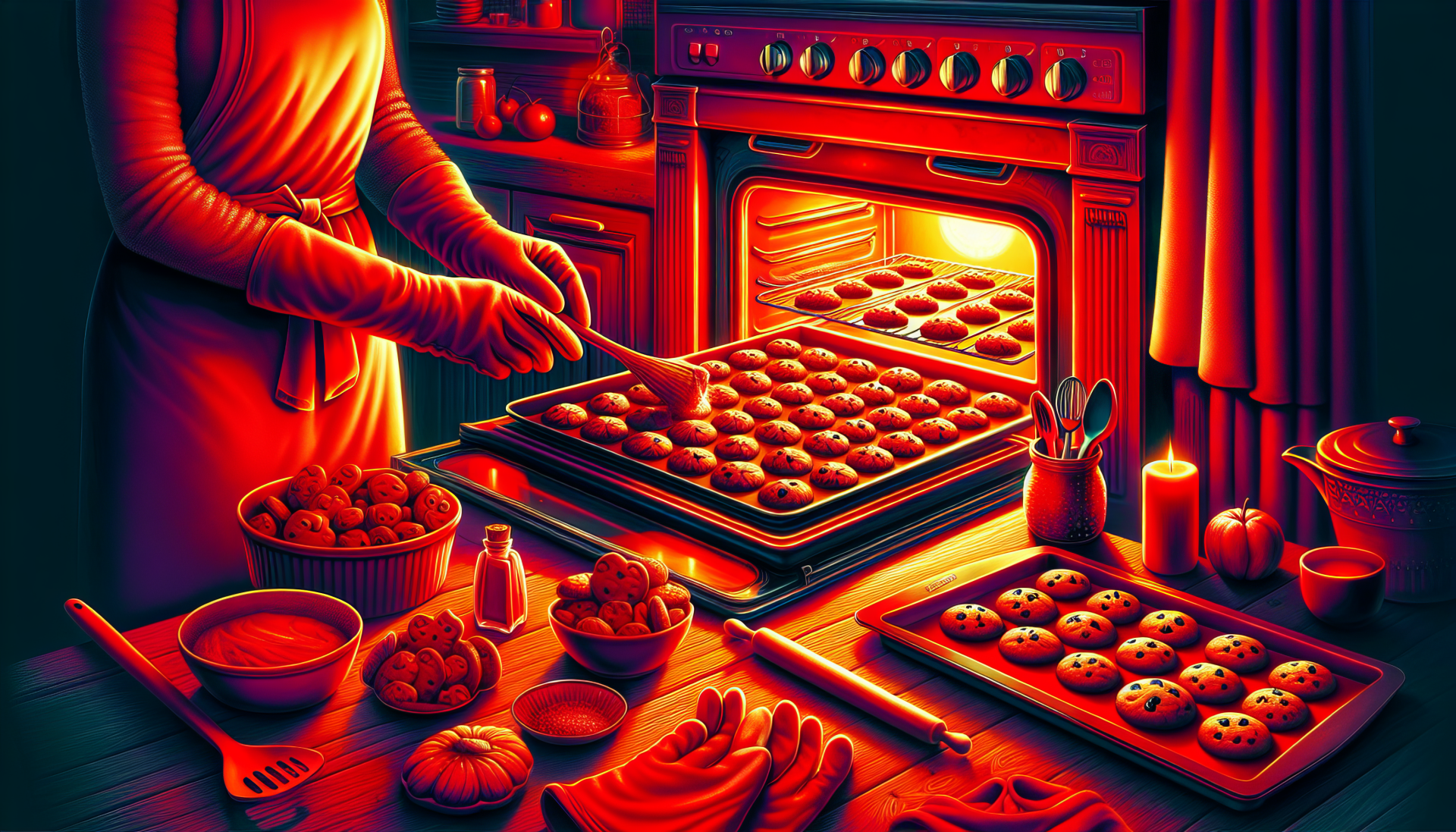 HD desktop wallpaper of a vibrant cookie baking scene with fresh cookies being placed into an oven.