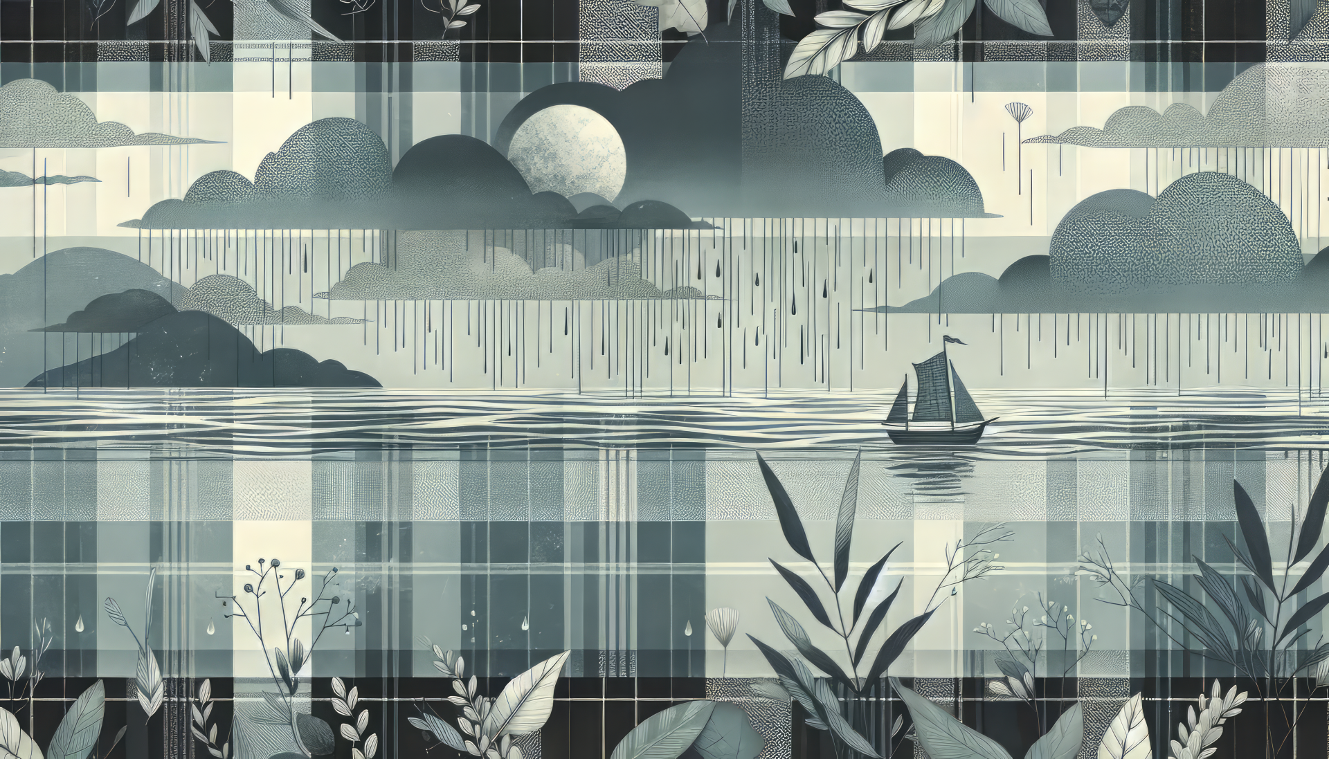 HD desktop wallpaper featuring a plaid pattern overlaid on a serene landscape with rain clouds, full moon, and a solitary boat on calm water.