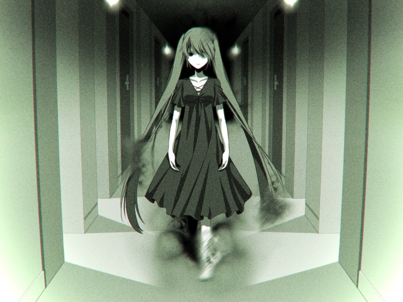 Anime-style HD desktop wallpaper featuring Hatsune Miku from Vocaloid, depicted in a dark dress with long flowing hair, set against a mysterious, shadowy background.