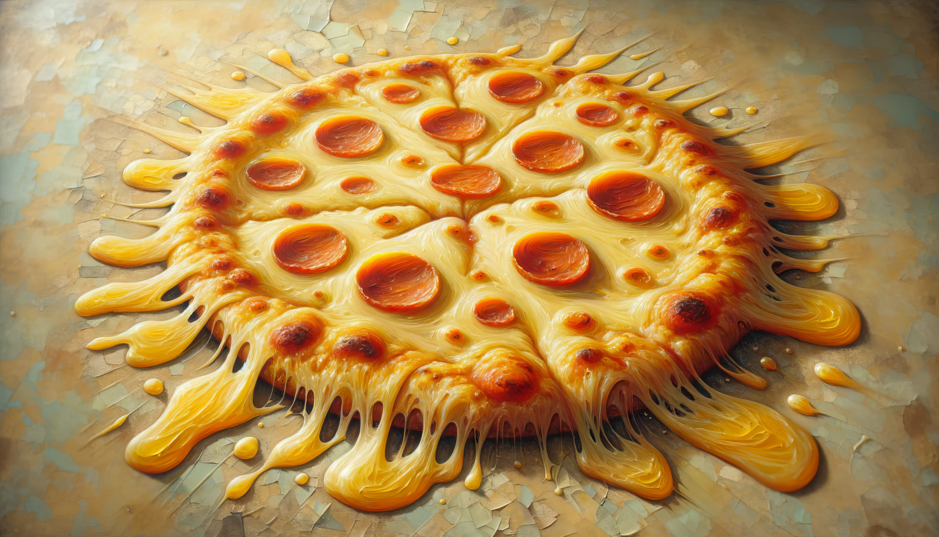 HD desktop wallpaper of a delicious cheesy pepperoni pizza with melting cheese.
