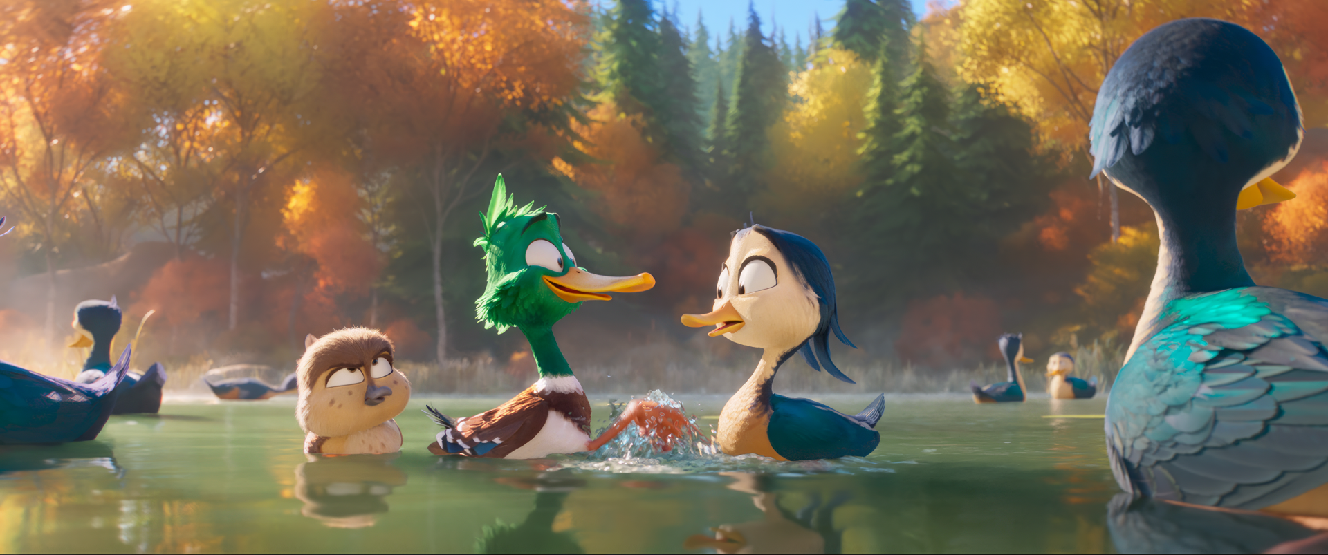 A vibrant scene from the movie *Migration* (2023), featuring a green duck, a blue duck, and a small animal playfully interacting in a serene lake surrounded by autumn foliage.