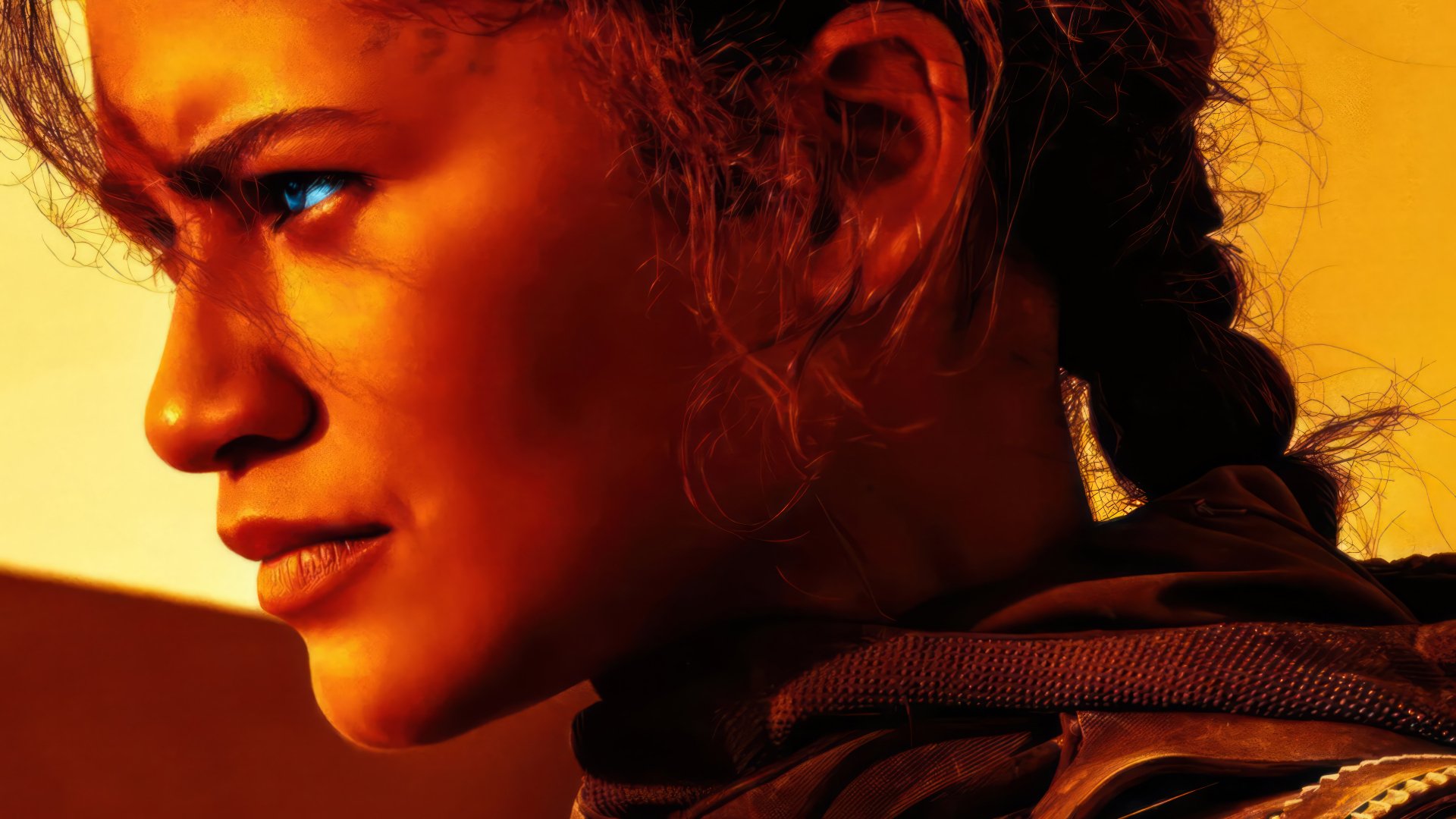 HD wallpaper featuring Zendaya as Chani from the movie Dune: Part Two, showcasing her intense expression against a warm, dramatic backdrop.