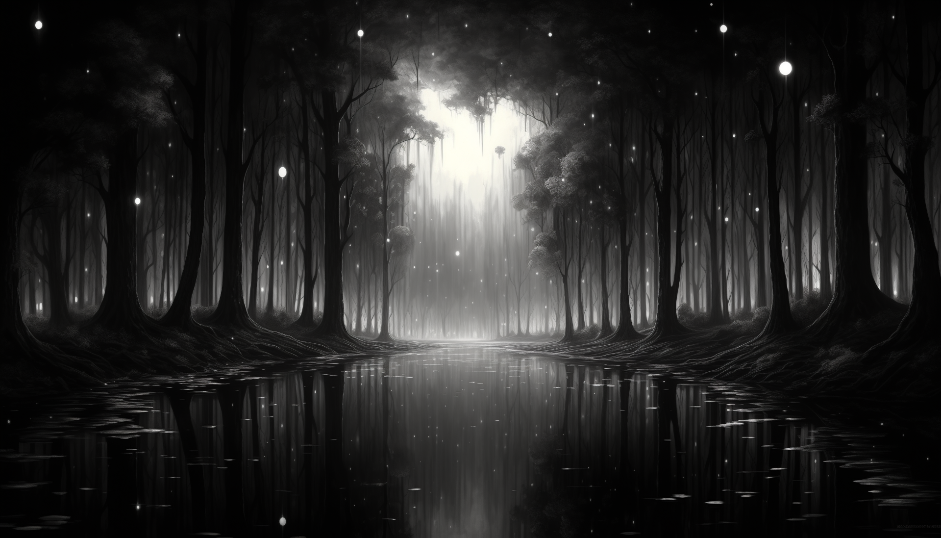 Dark fantasy digital painting of a misty forest reflected in calm water, blending nature with a moody, eerie atmosphere in high-definition concept art style.