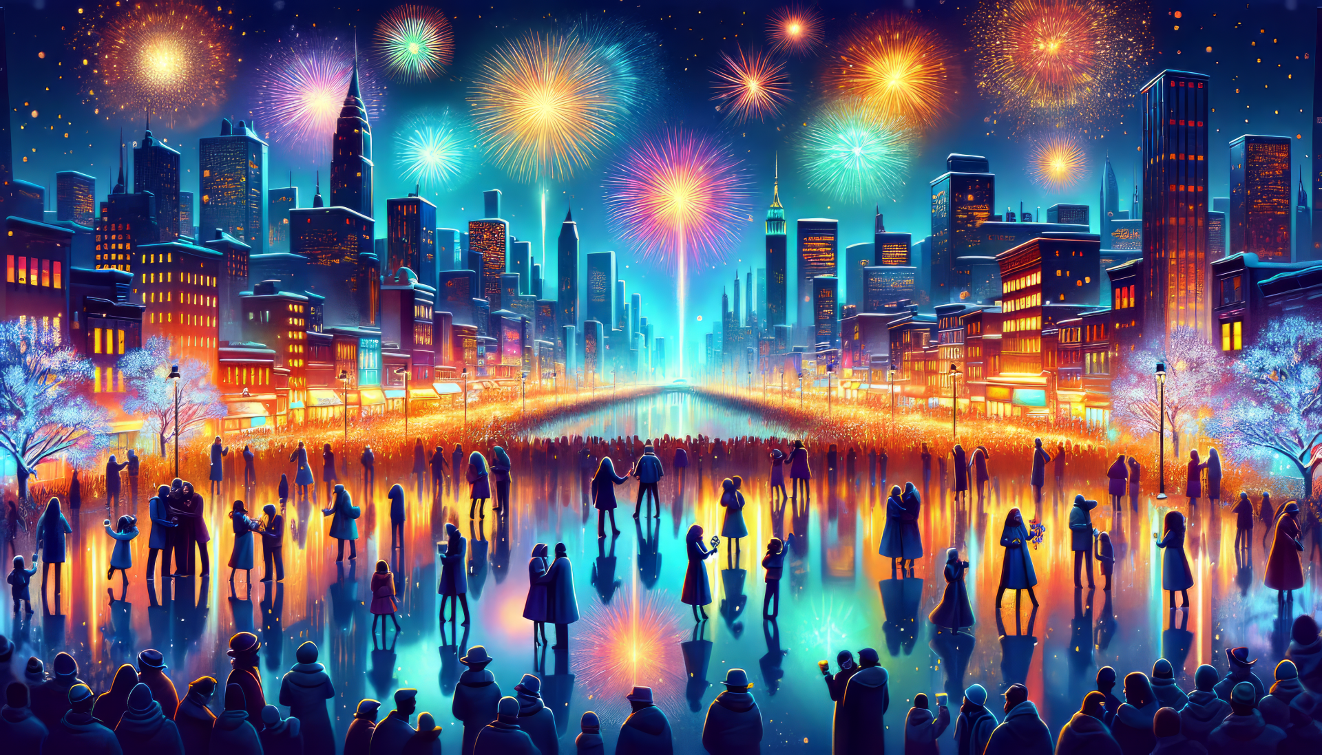 A vibrant New Year's Eve scene featuring a city skyline illuminated by colorful fireworks, with silhouetted crowds reflecting on a shimmering surface. HD desktop wallpaper background.