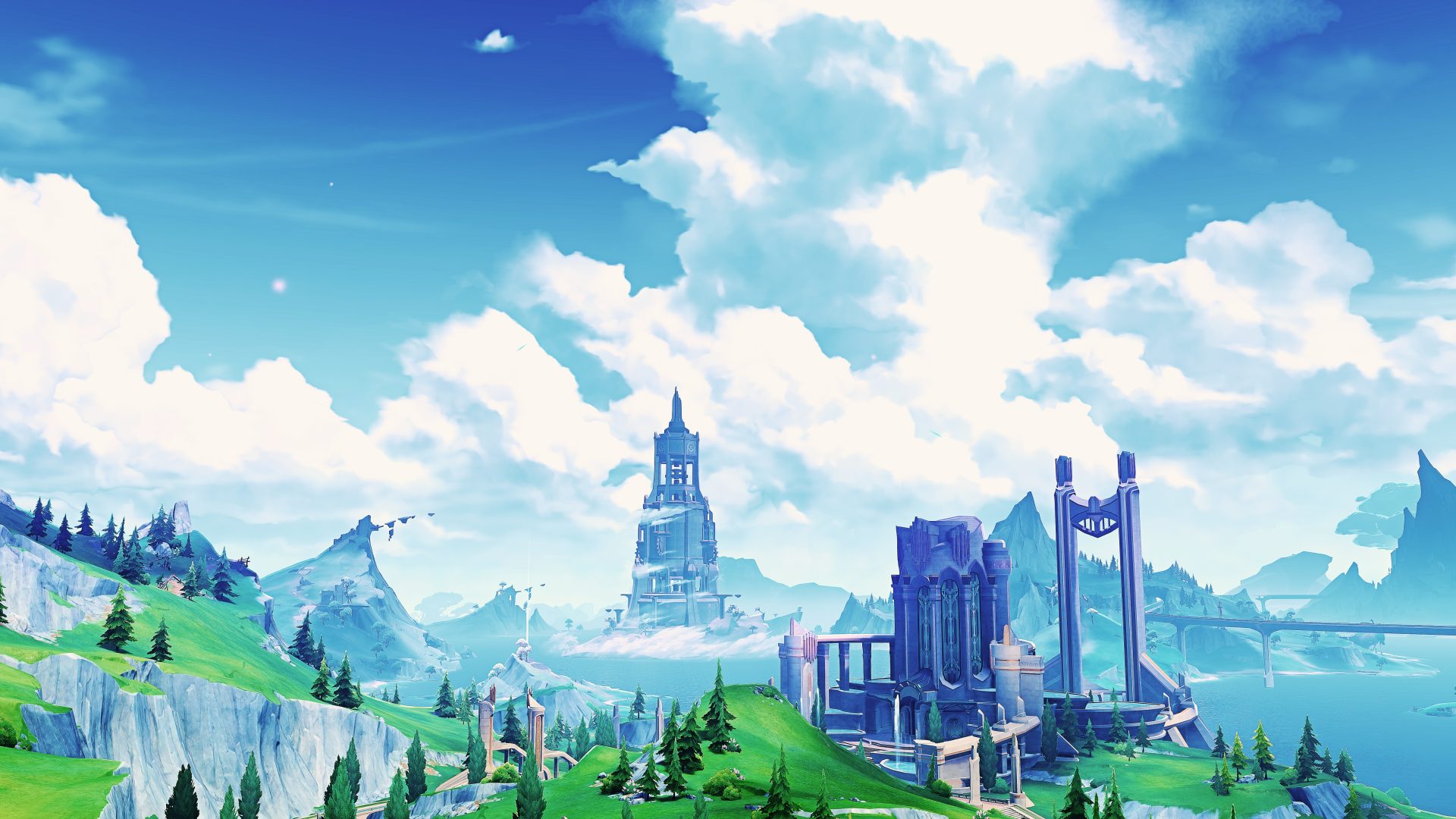 A vibrant 4K Ultra HD PC desktop wallpaper of a scenic landscape from the video game Genshin Impact, featuring lush greenery, mountains, and a towering castle under a bright sky.