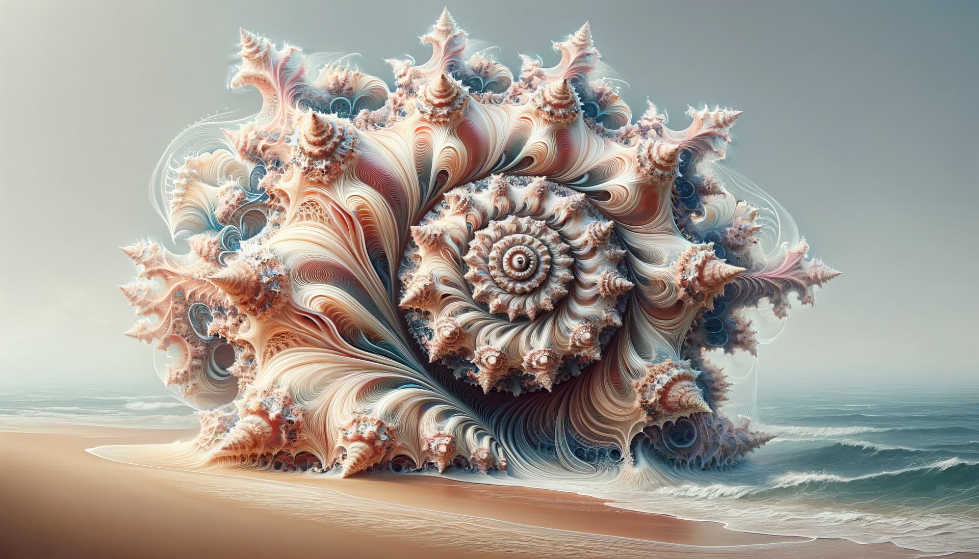 HD wallpaper featuring an artistic fractal shell design on a beach backdrop.