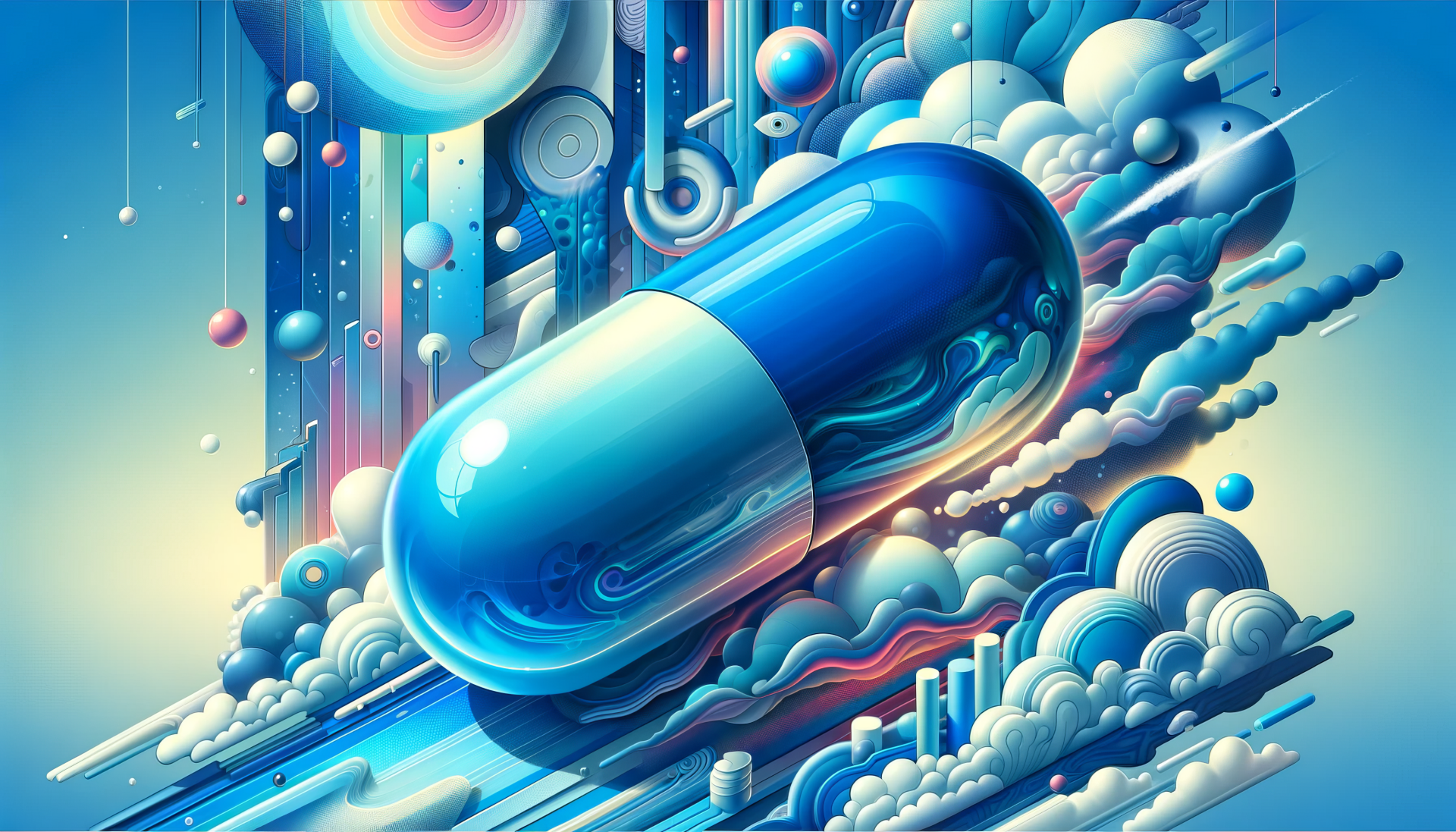 HD desktop wallpaper featuring an abstract design with a large blue pill and futuristic elements in a dynamic composition.