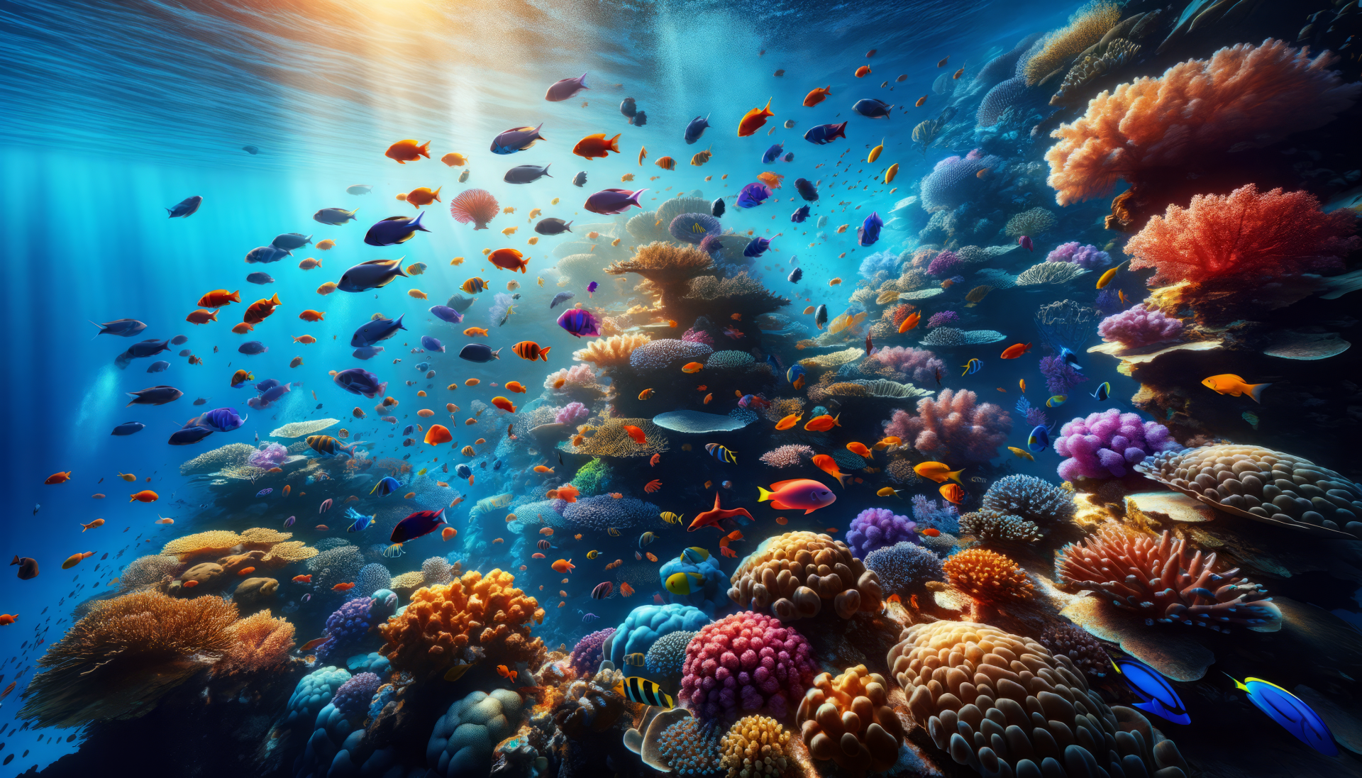 Vibrant underwater seascape with colorful fish and coral reefs in sunlight, HD wallpaper for desktop background.