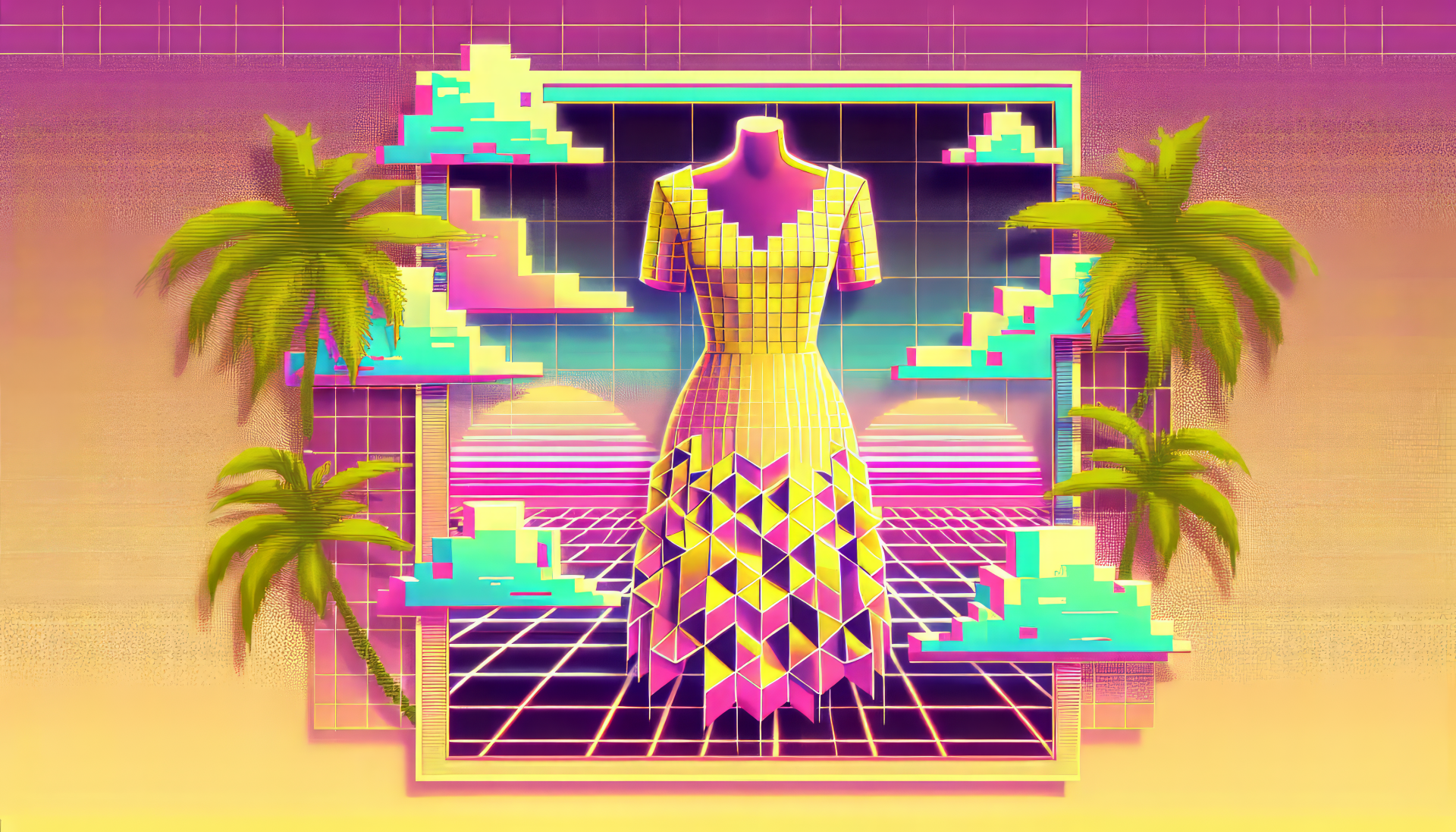 HD Wallpaper of a vibrant yellow dress mannequin with retro synthwave aesthetic and palm trees for desktop background.