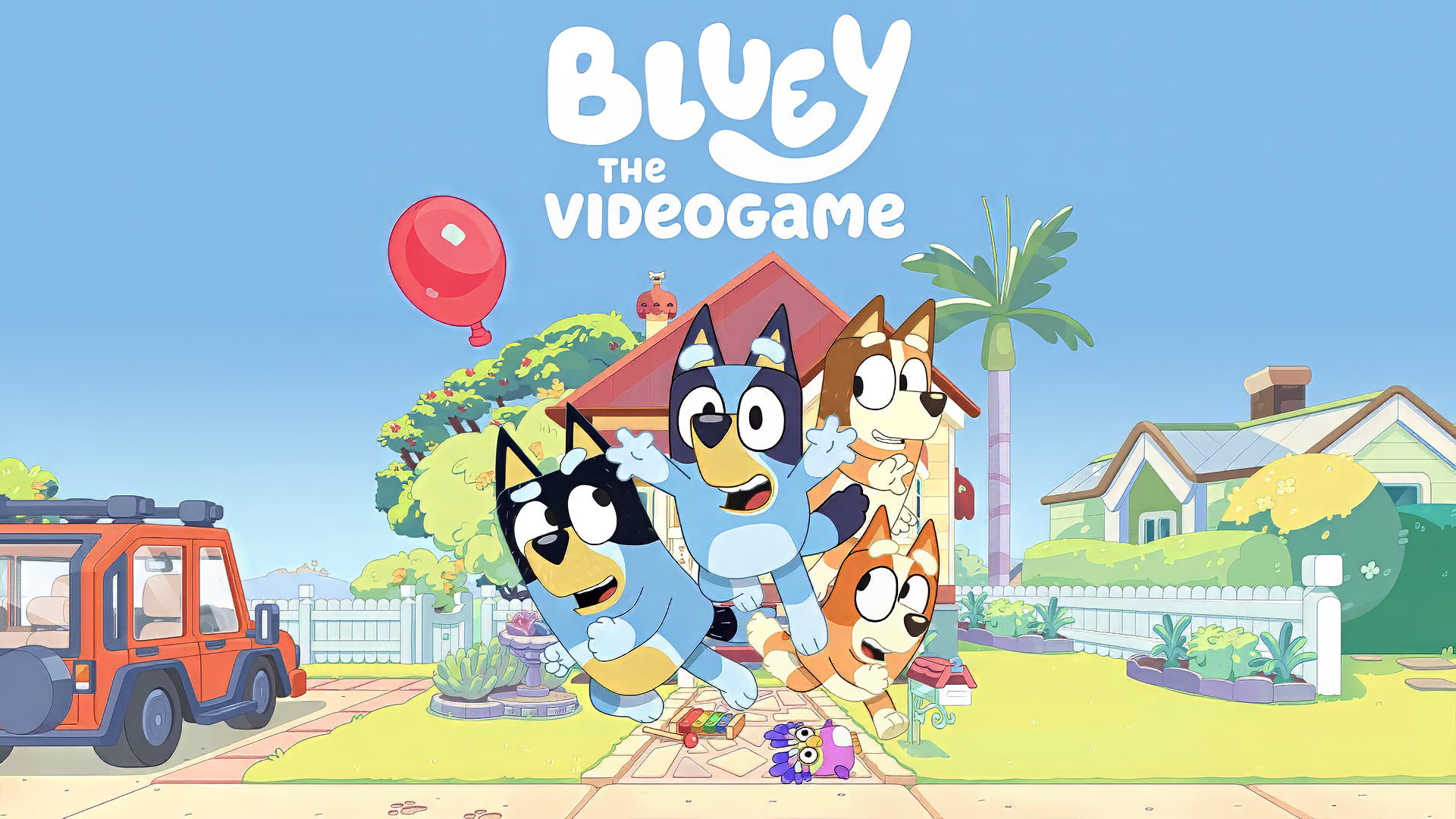 HD desktop wallpaper featuring characters from Bluey: The Videogame, with a sunny suburban backdrop.