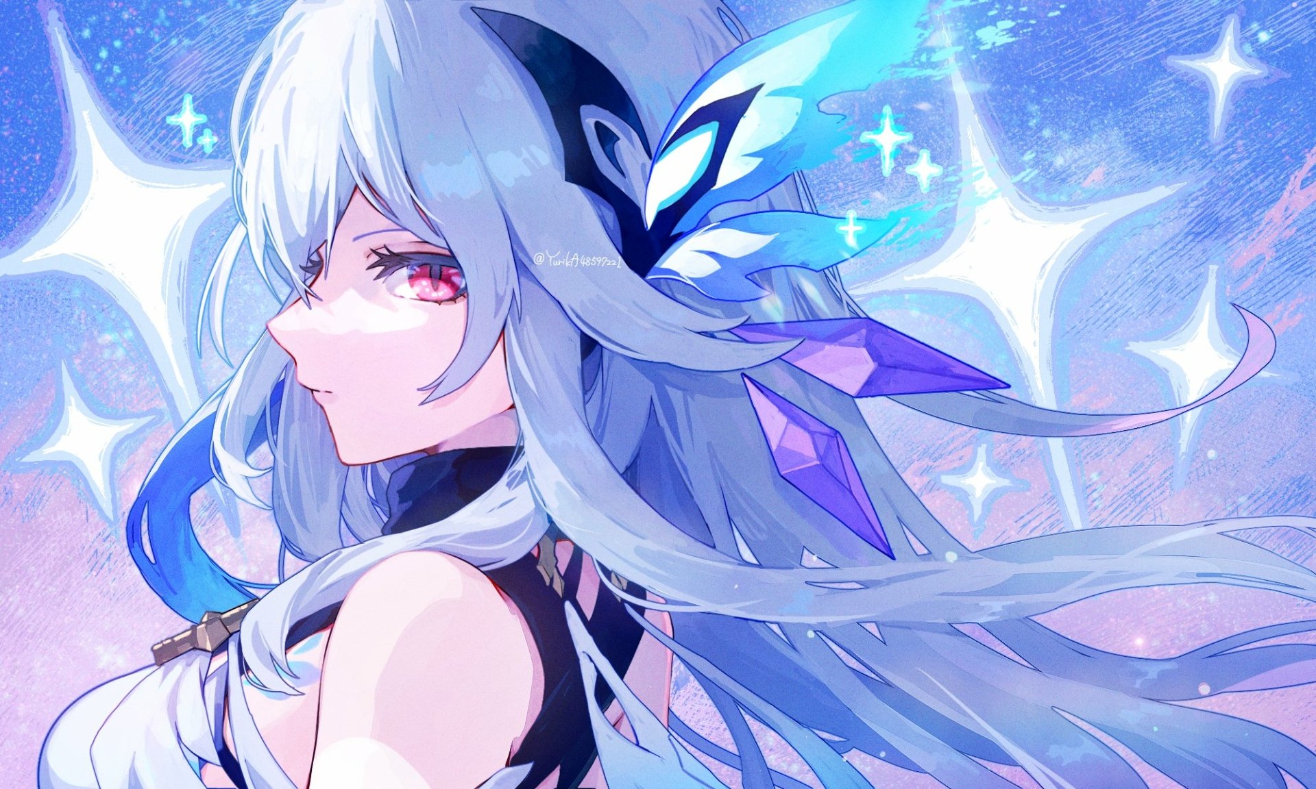 HD PC desktop wallpaper featuring Skirk from Genshin Impact, a girl character surrounded by glowing blue and purple hues in a dynamic video game-inspired style.