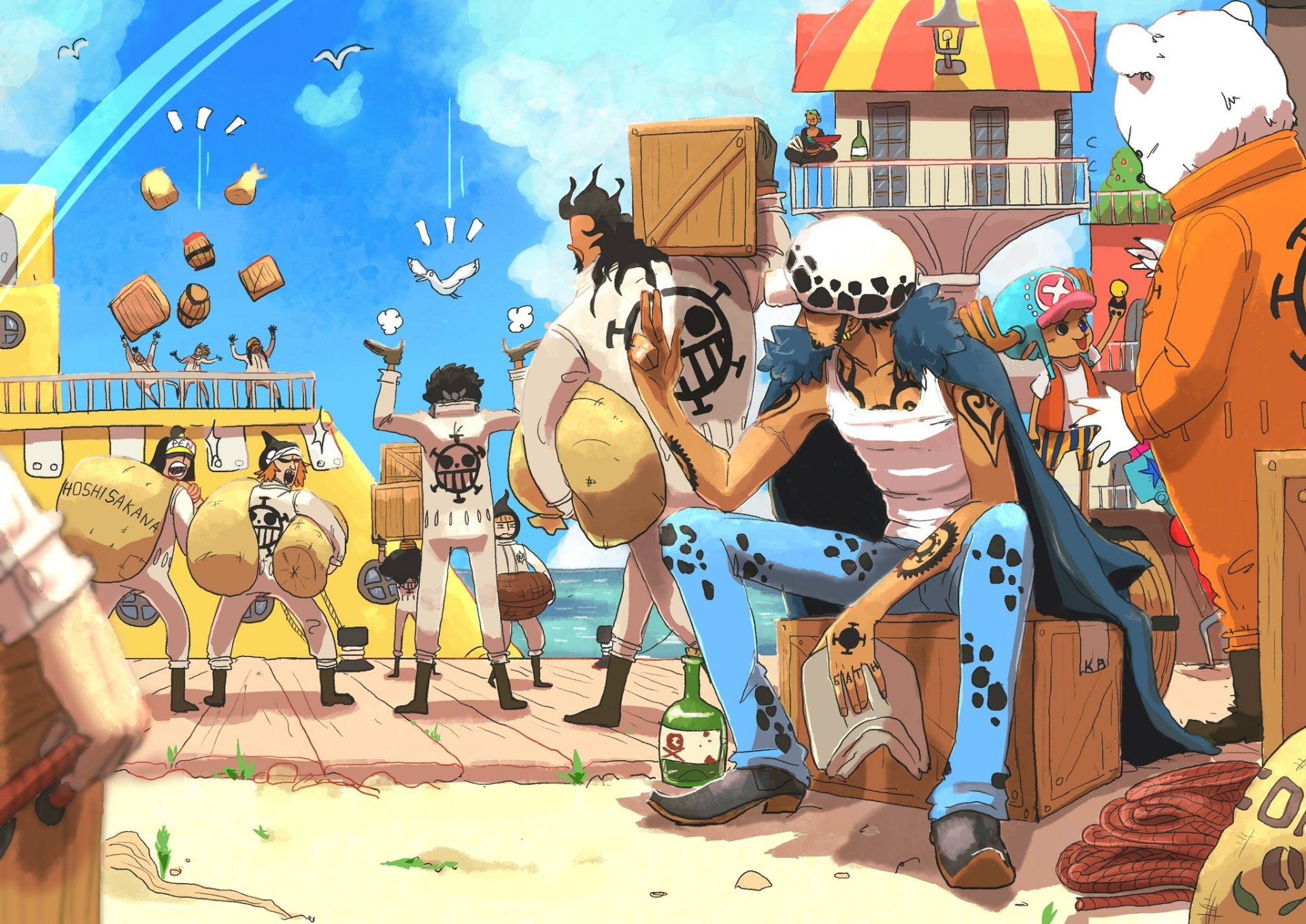 HD PC desktop wallpaper featuring vibrant anime-style characters from One Piece in a lively, colorful port town setting.