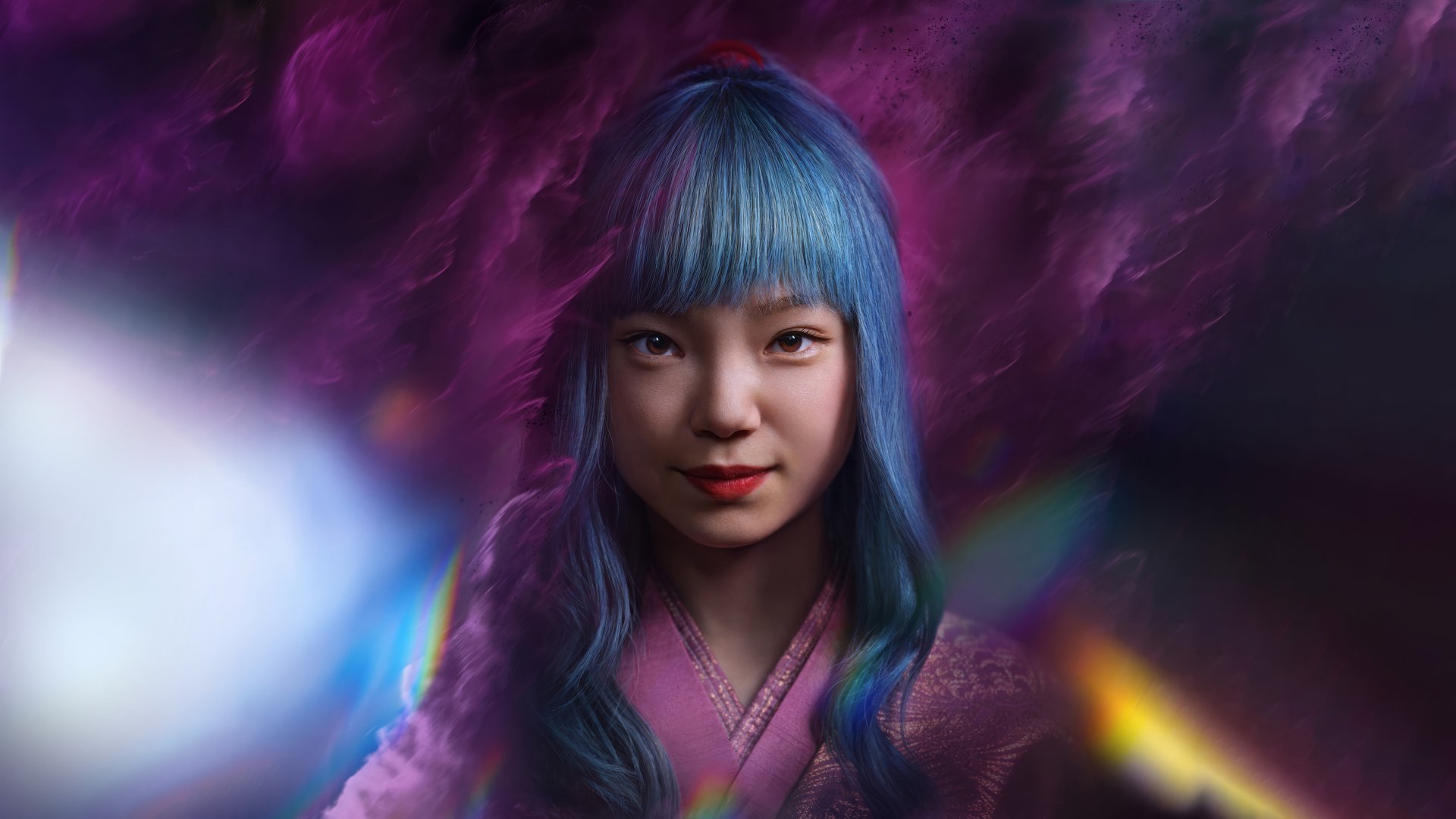 HD desktop wallpaper featuring a mystical character with blue hair from the 2023 TV show Yu Yu Hakusho, set against a dynamic cosmic-style background.