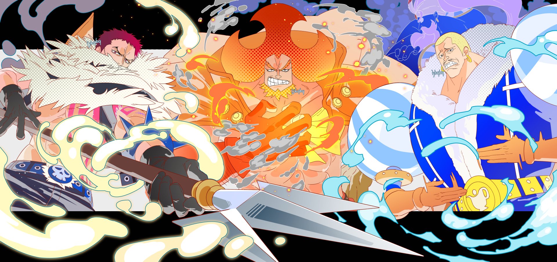 Vibrant 4K Ultra HD anime wallpaper featuring fierce One Piece characters in dynamic action poses with fiery and icy effects on a high-energy background.