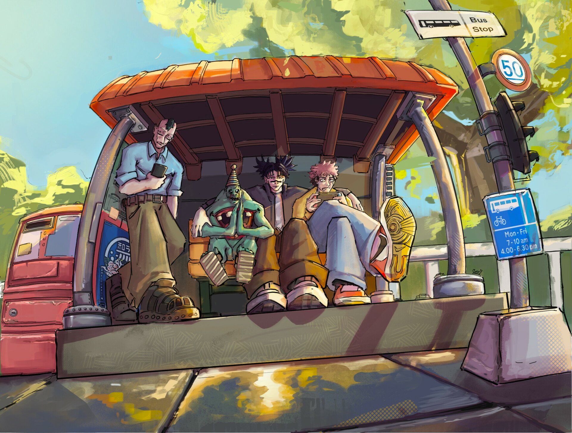 HD PC desktop wallpaper featuring anime characters from Jujutsu Kaisen sitting together at a bus stop under a bright, sunny sky.