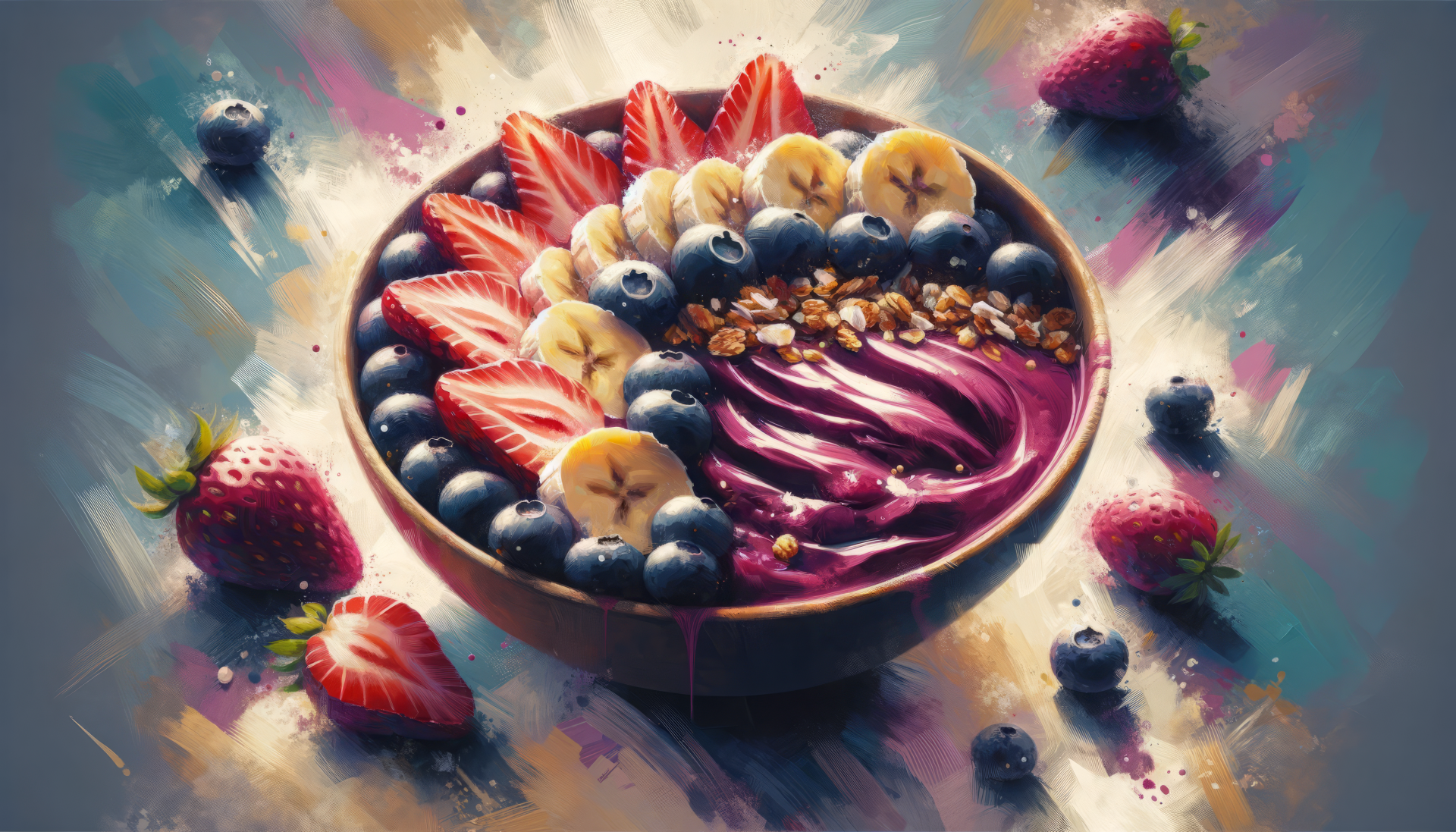 Colorful HD wallpaper of an acai bowl with fresh strawberries, bananas, blueberries, and granola.