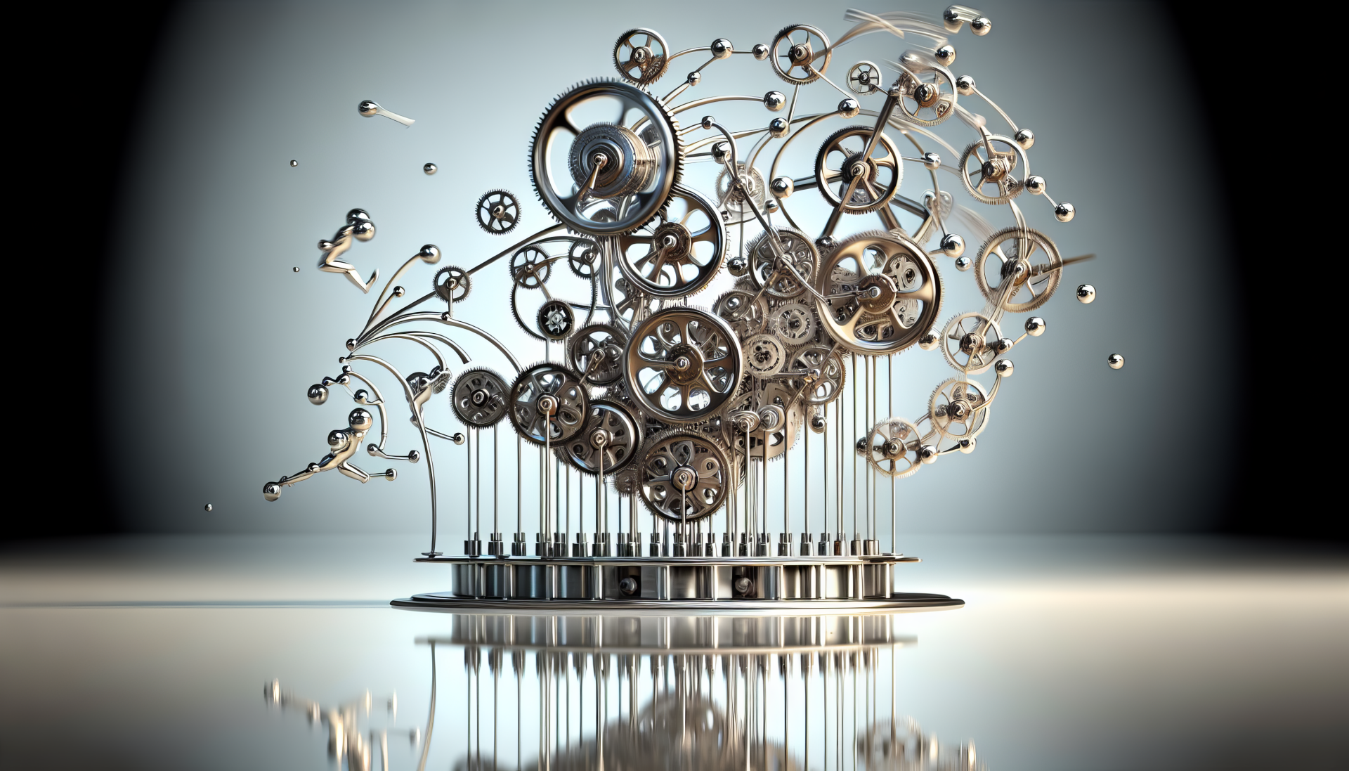 HD desktop wallpaper featuring a 3D abstract design of floating mechanical gears and clock parts with reflective surface.