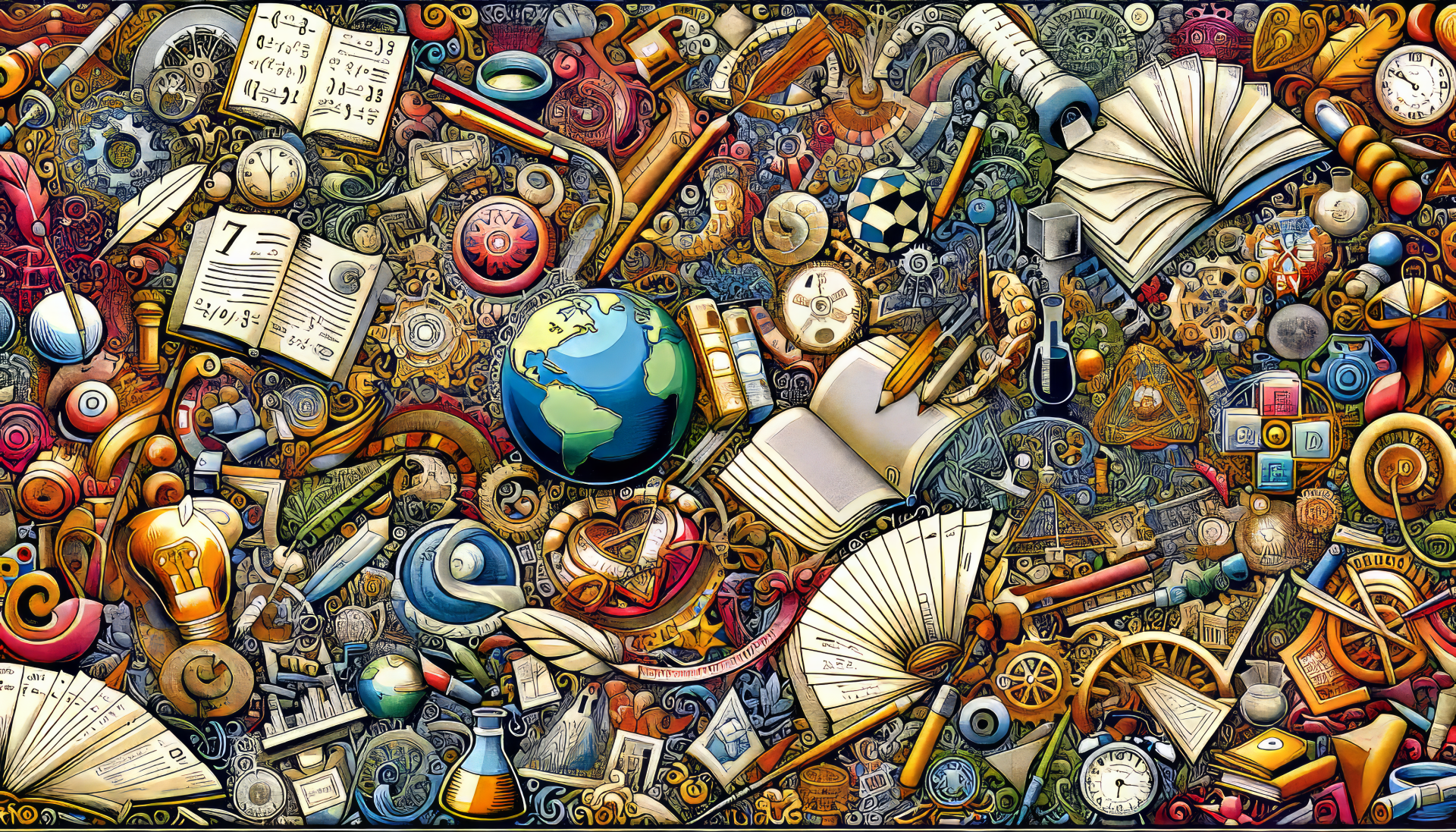 HD educational-themed desktop wallpaper featuring an intricate collage of various learning elements like books, globe, mathematical symbols, and artistic supplies.