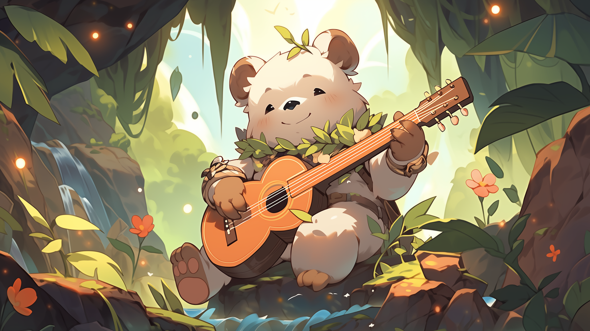 A kawaii bear playing a guitar in a lush forest, rendered in vibrant AI art style, designed as an HD PC desktop wallpaper and background.