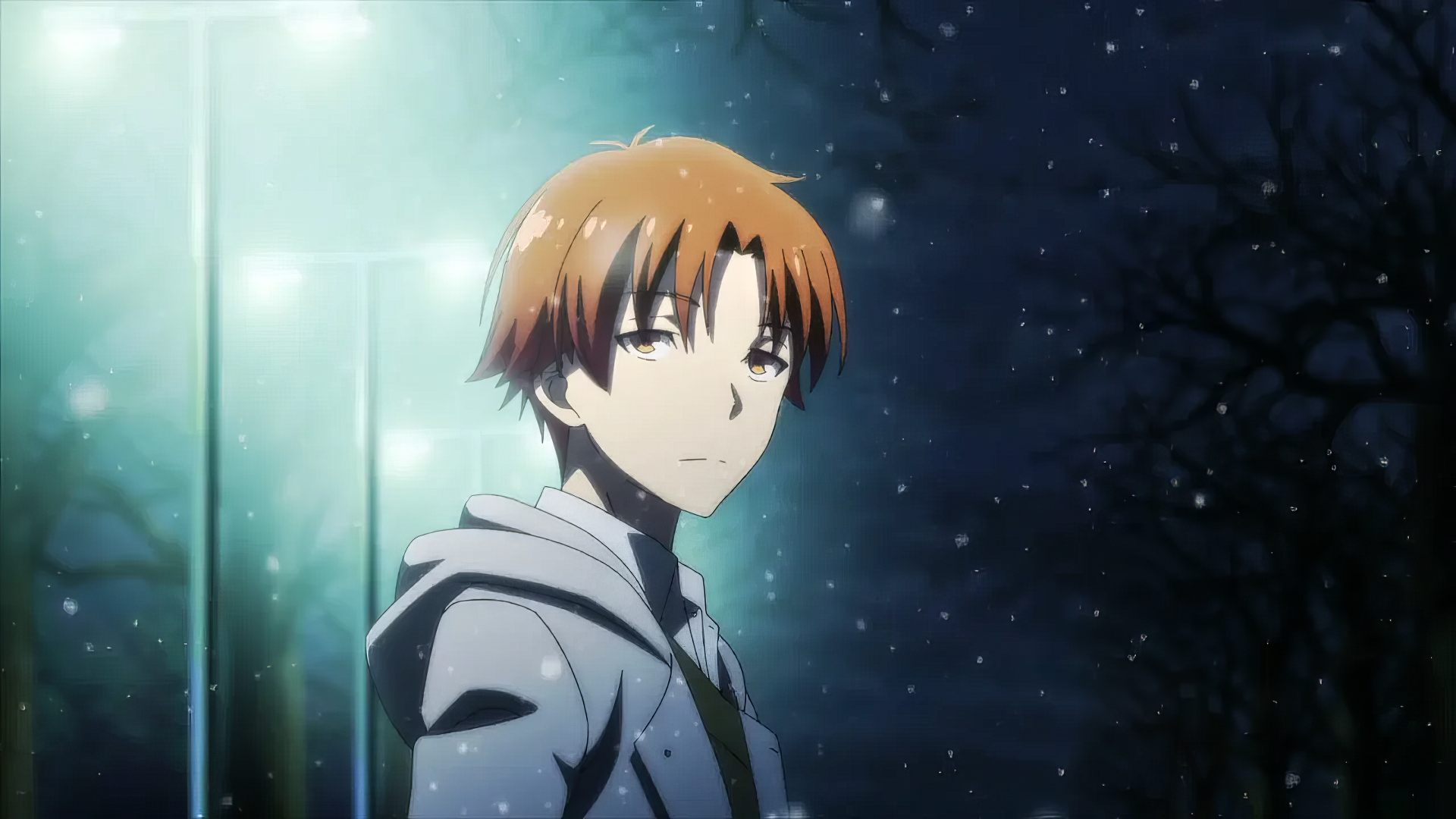 HD wallpaper of Kiyotaka Ayanokoji from Anime Classroom of the Elite, featuring the character in a contemplative pose with a snowy night backdrop.