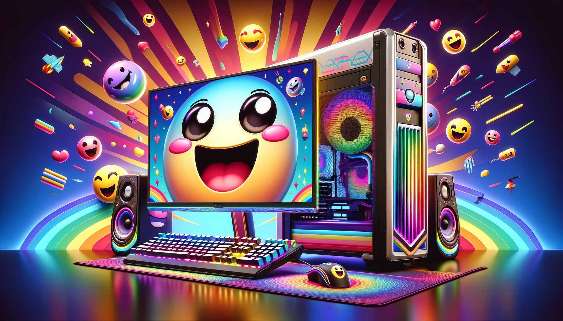 Vibrant HD wallpaper featuring a colorful gaming PC setup with animated emoji designs on the monitor, speakers, and desktop background, surrounded by a playful array of floating digital icons.