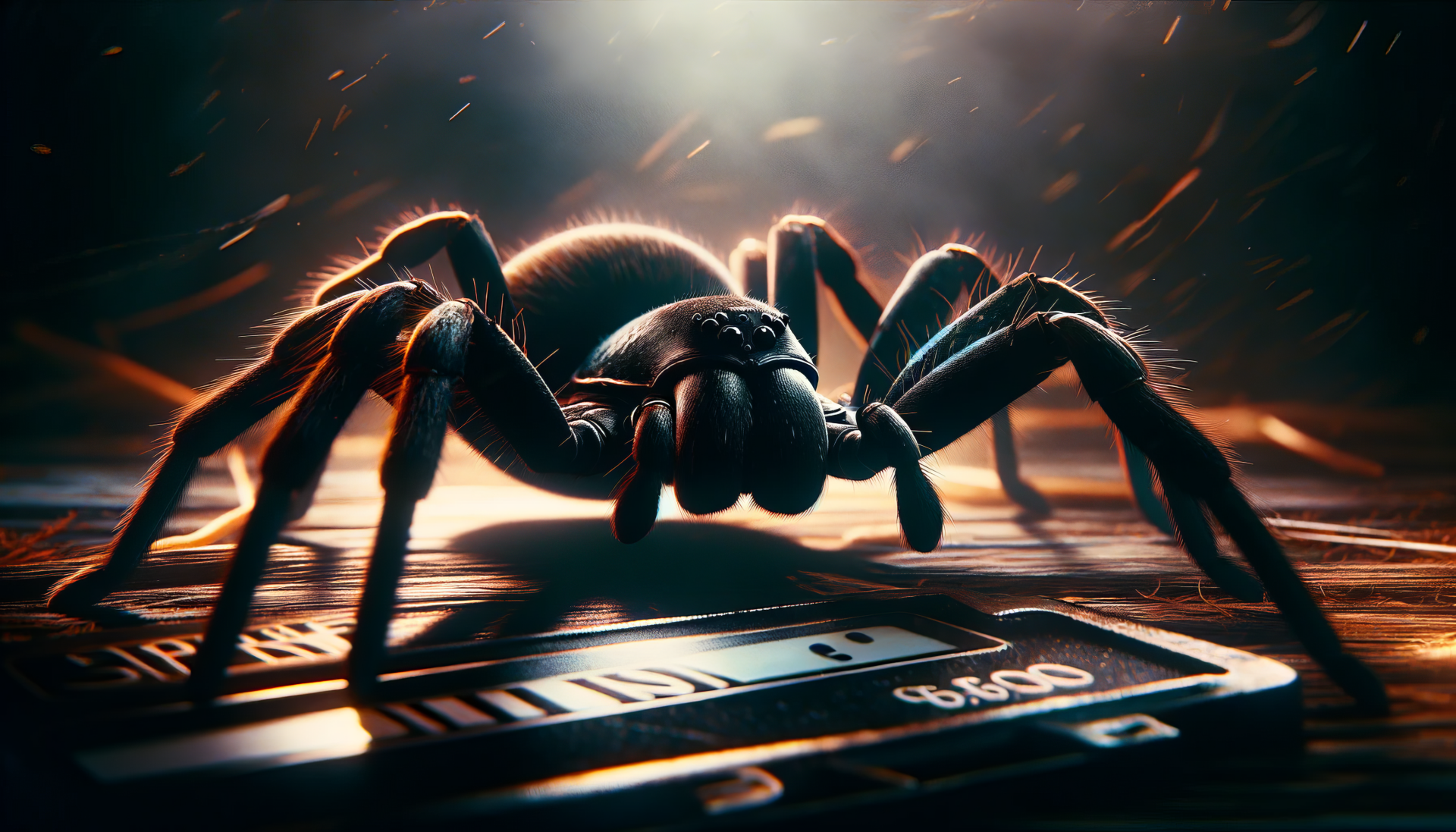 HD desktop wallpaper featuring a close-up of a black widow spider against a dramatic, backlit backdrop with dynamic lighting effects.