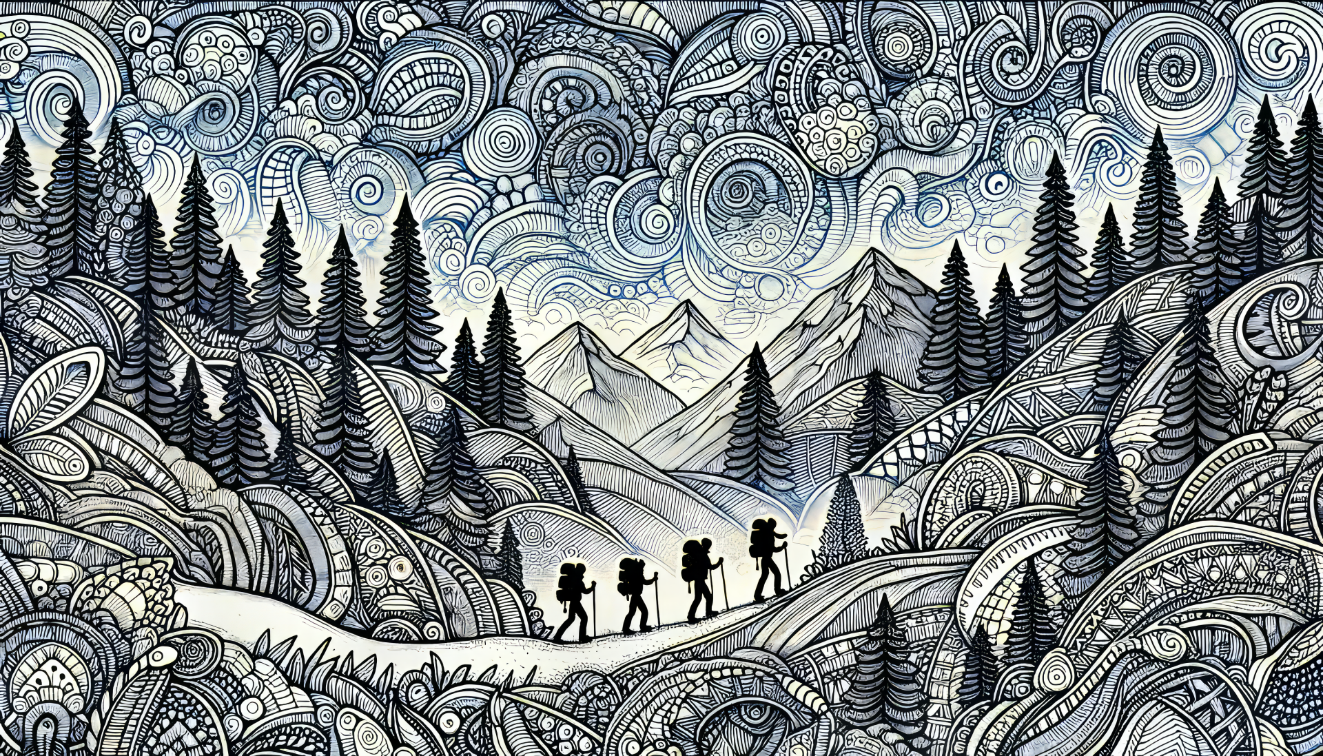 Artistic HD desktop wallpaper featuring silhouetted backpackers trekking through a mesmerizing, doodle-style mountainous landscape with intricate sky patterns.
