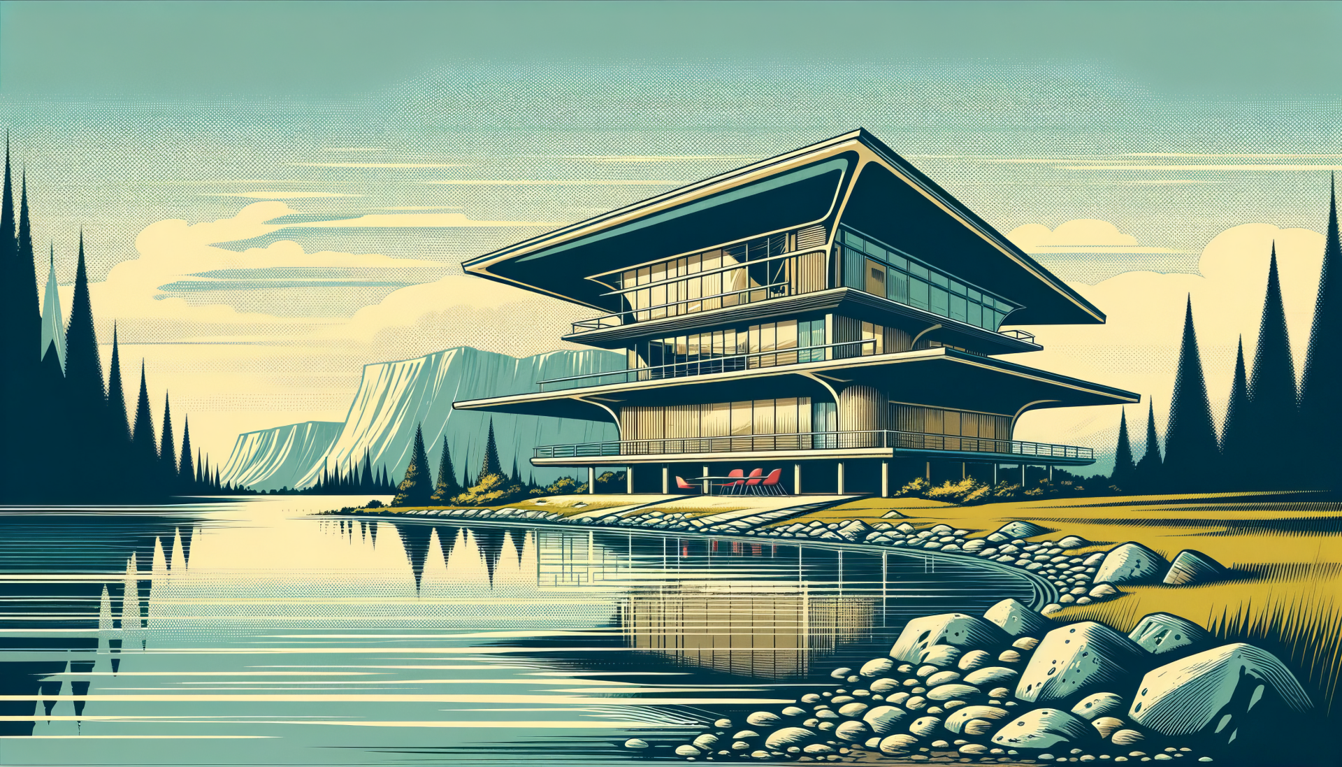 HD wallpaper of a stylized modern lake house with layered design, set against a backdrop of trees and mountains, reflecting on the calm lake water.