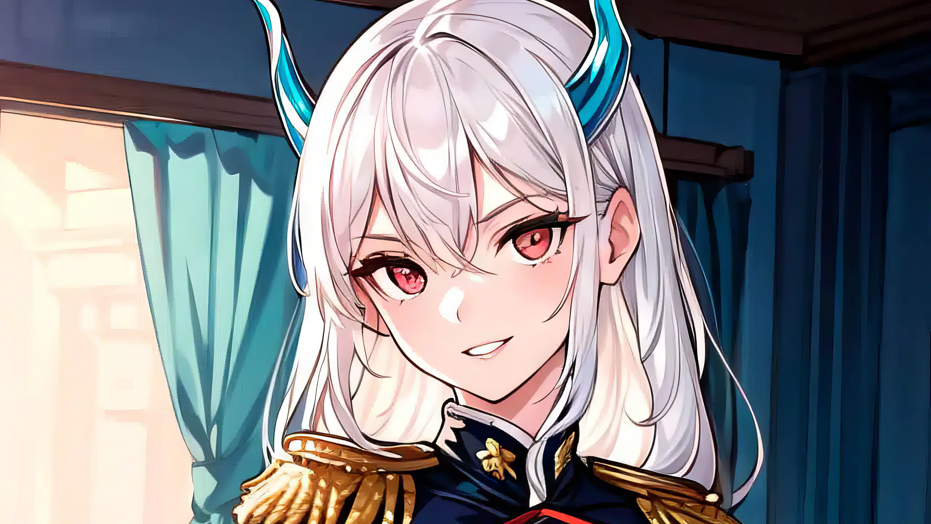 HD anime wallpaper featuring Kyouka Uzen, the Chained Soldier, with striking red eyes and horned headpiece, set against a soft interior background.