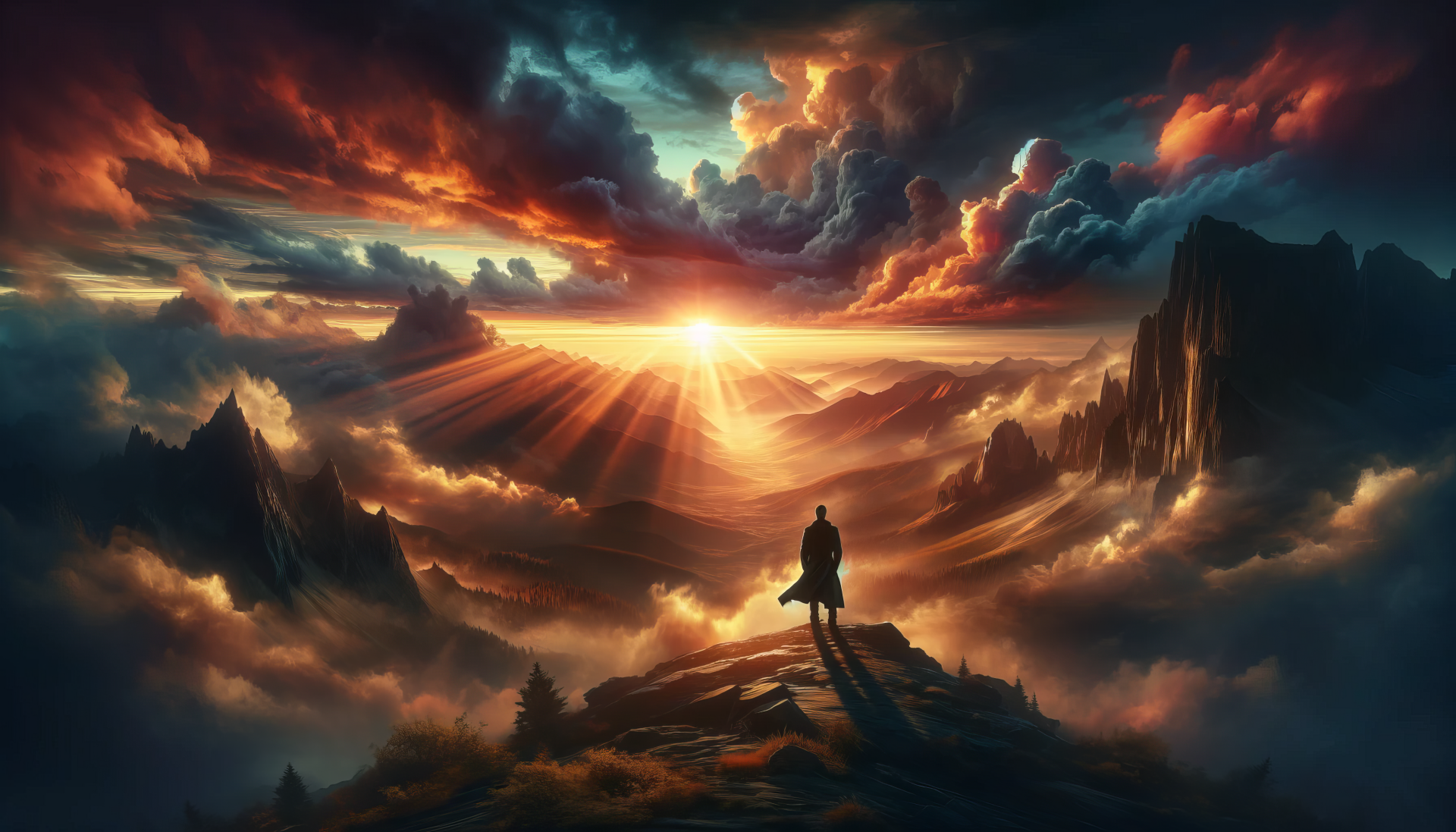 Inspirational HD desktop wallpaper featuring a silhouette of a person standing on a mountain peak overlooking a breathtaking sunrise amidst dramatic clouds.