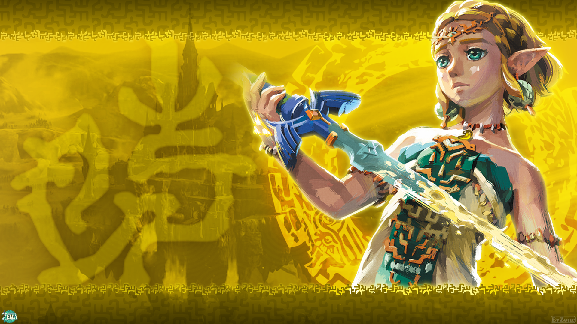 HD desktop wallpaper featuring Princess Zelda from The Legend of Zelda: Tears of the Kingdom, holding the Master Sword with a glowing Triforce symbol in the background.