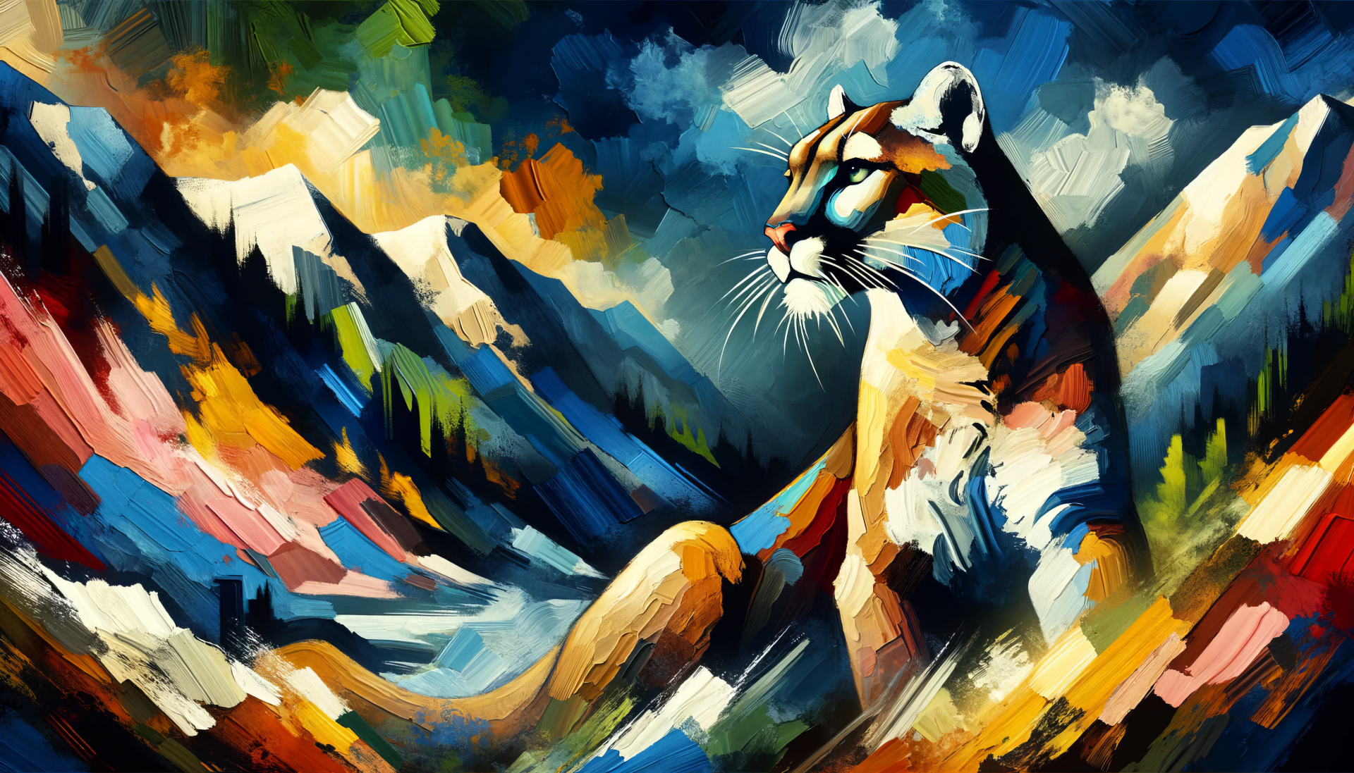 HD desktop wallpaper featuring an artistic illustration of a cougar in a colorful mountain landscape.