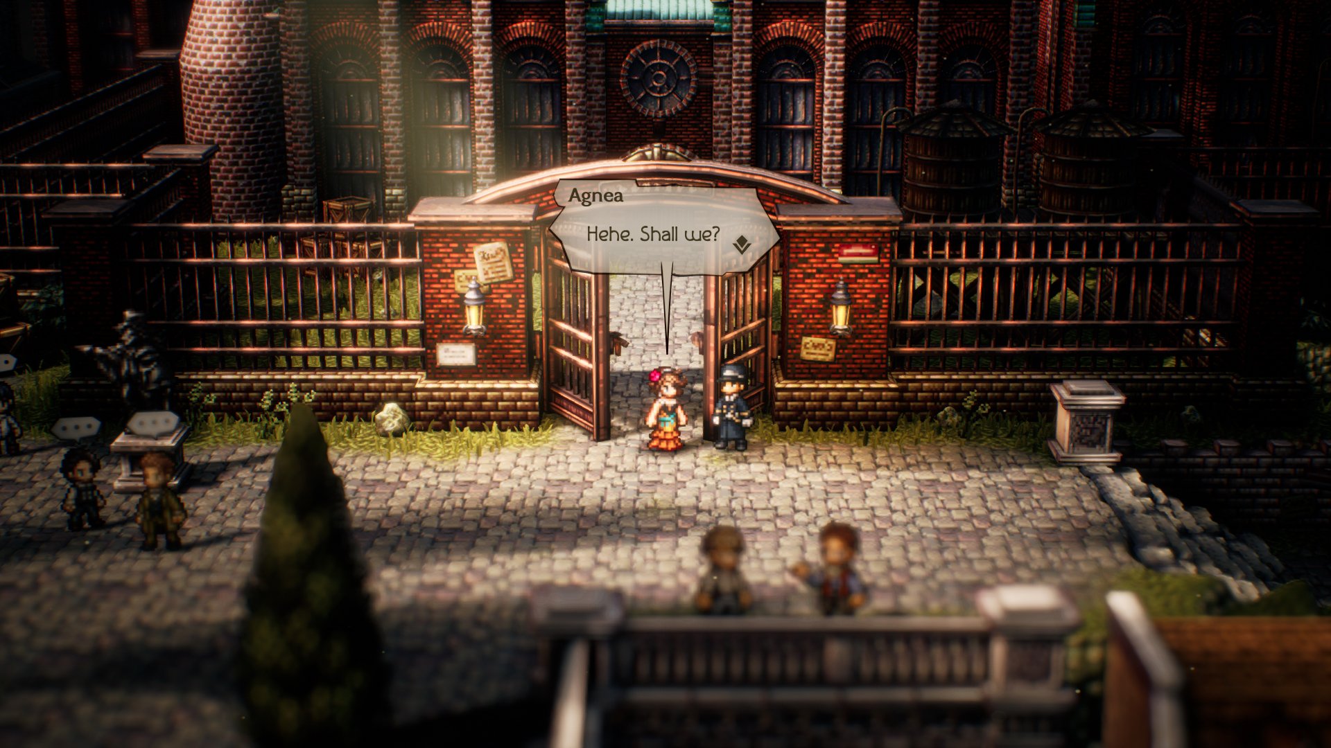 HD wallpaper of Octopath Traveler II featuring a detailed scene outside an in-game building with characters.
