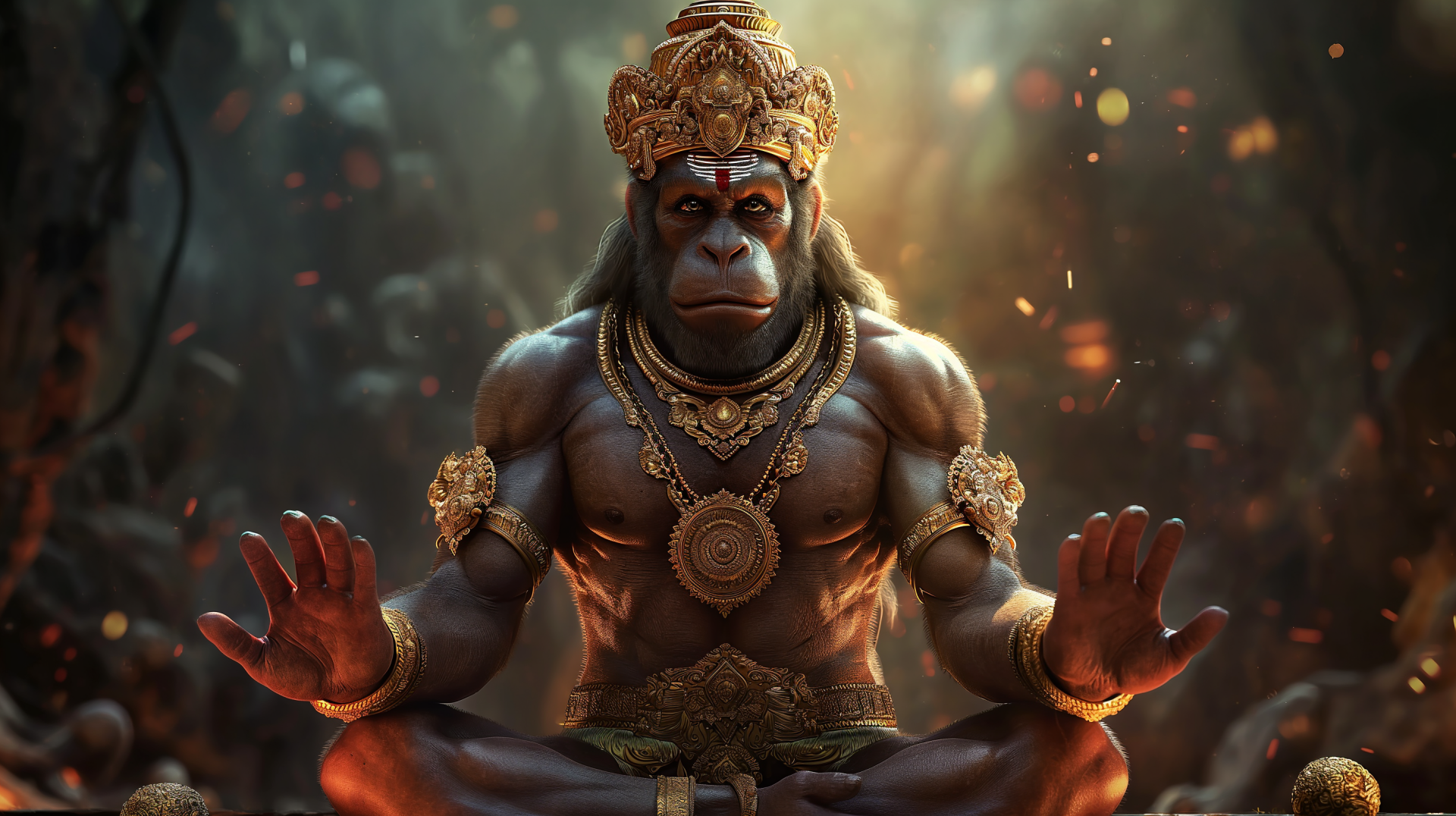 A striking HD desktop wallpaper depicting Lord Hanuman, showcasing his powerful presence and divine adornments amidst a mystical background filled with warm light.