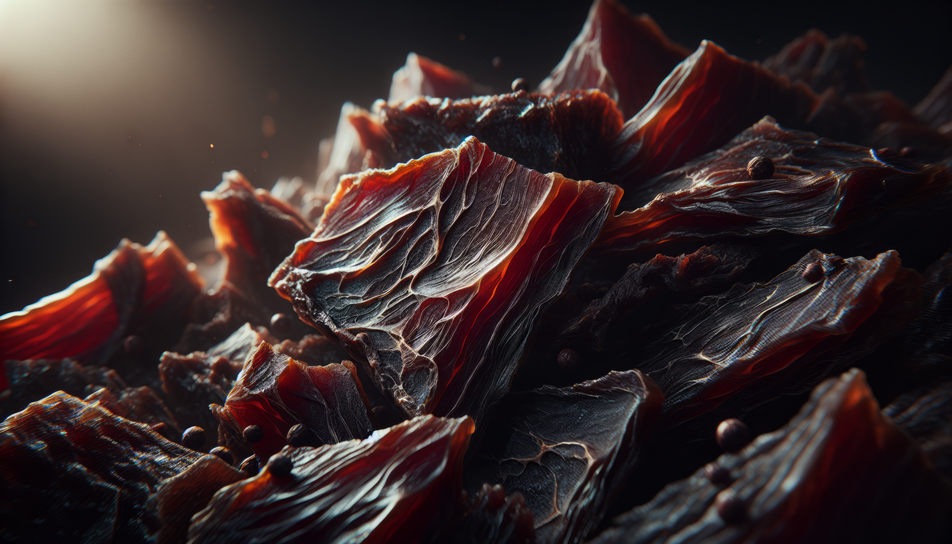 Close-up of rich, textured beef jerky pieces illuminated by soft light, creating a striking HD desktop wallpaper and background.