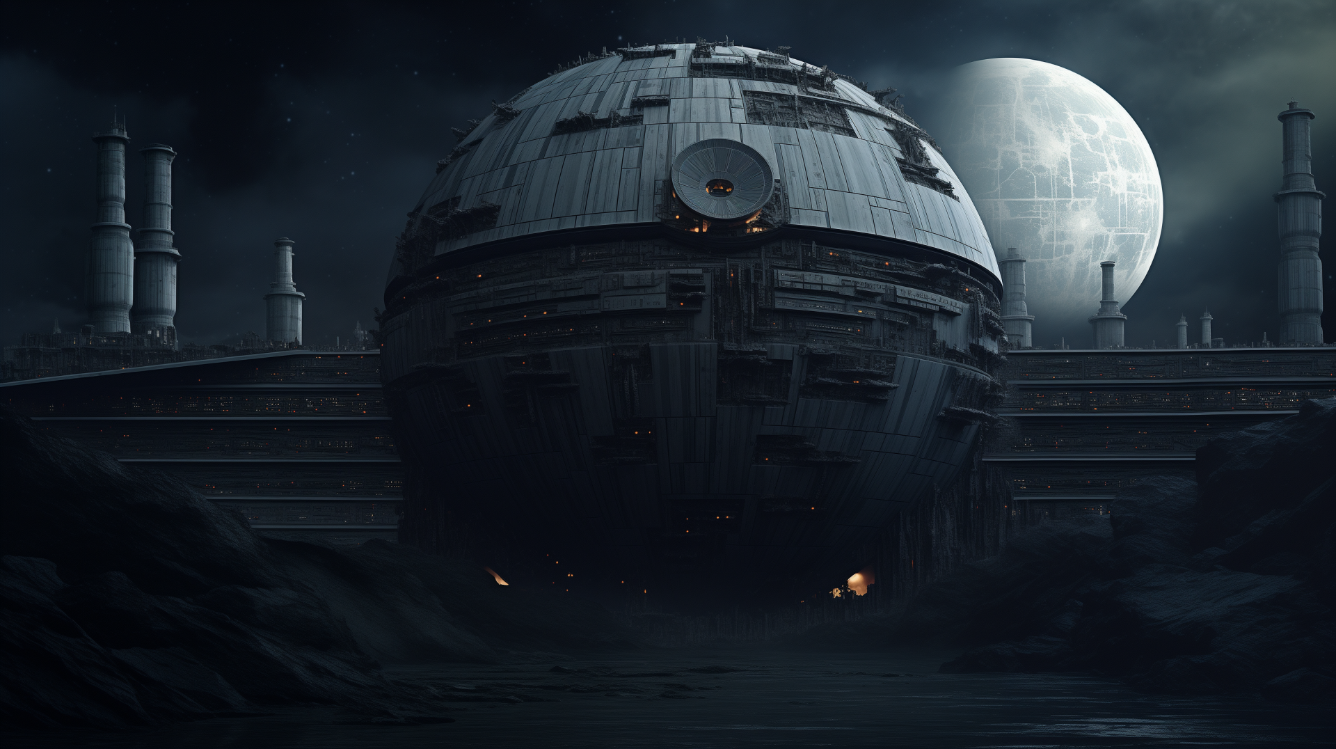 HD desktop wallpaper featuring the Death Star with a moon backdrop in a dark, atmospheric setting.