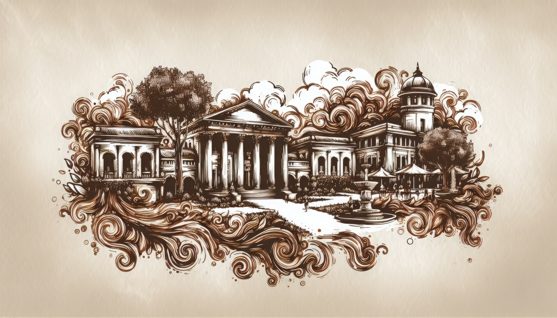 Vintage-style sepia illustration of a university with ornate flourishes for an HD desktop wallpaper and background.