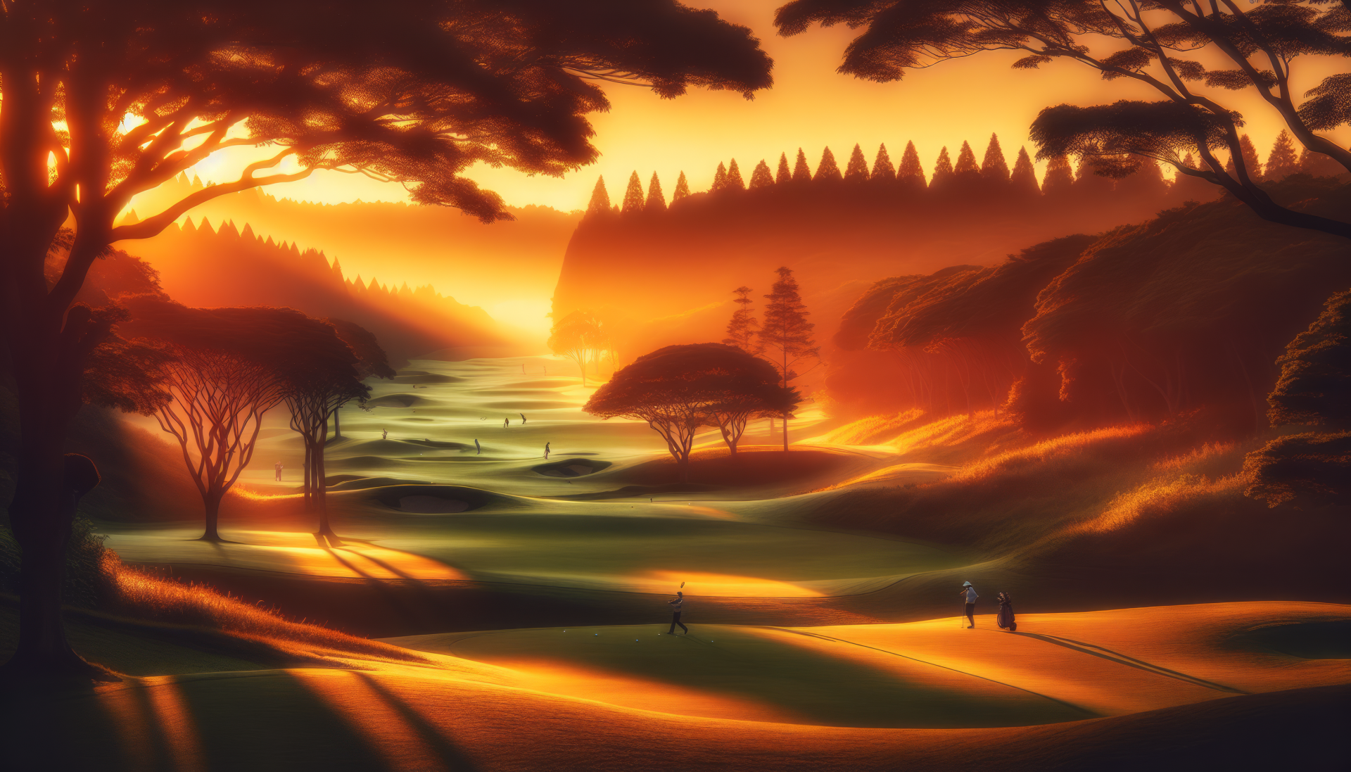 HD golf-themed desktop wallpaper featuring a serene sunset over a picturesque golf course with silhouettes of players and trees.