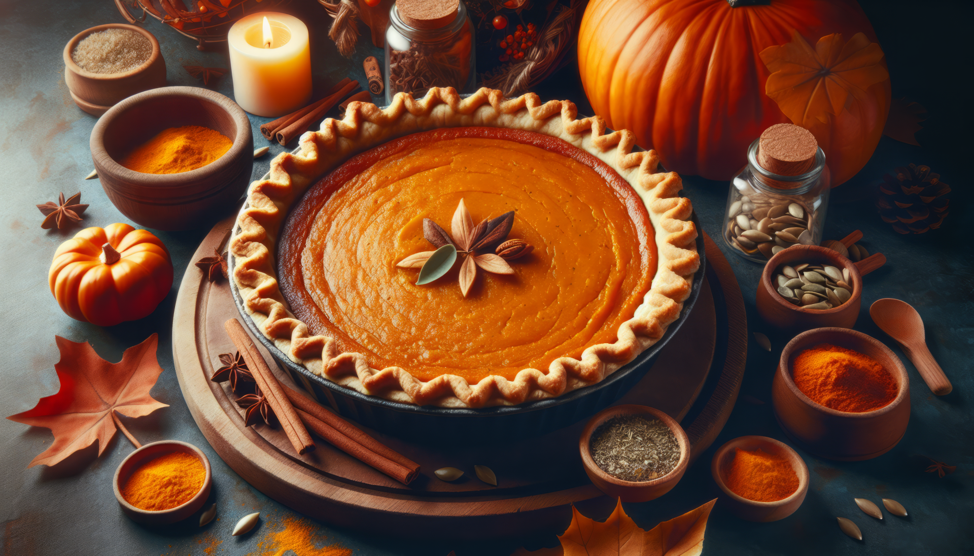 HD desktop wallpaper featuring a freshly baked pumpkin pie surrounded by autumn decorations, spices, and a lit candle, evoking a cozy fall atmosphere.