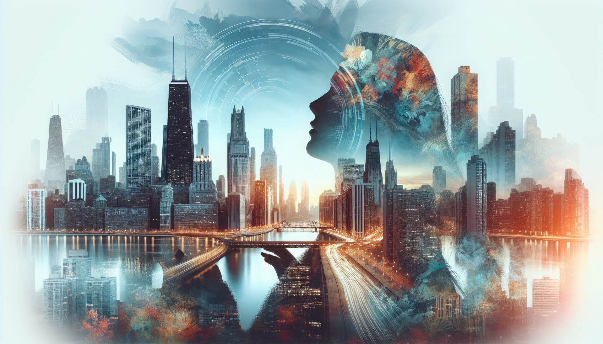 HD desktop wallpaper featuring a futuristic cityscape blended with a human silhouette and digital brain concept.