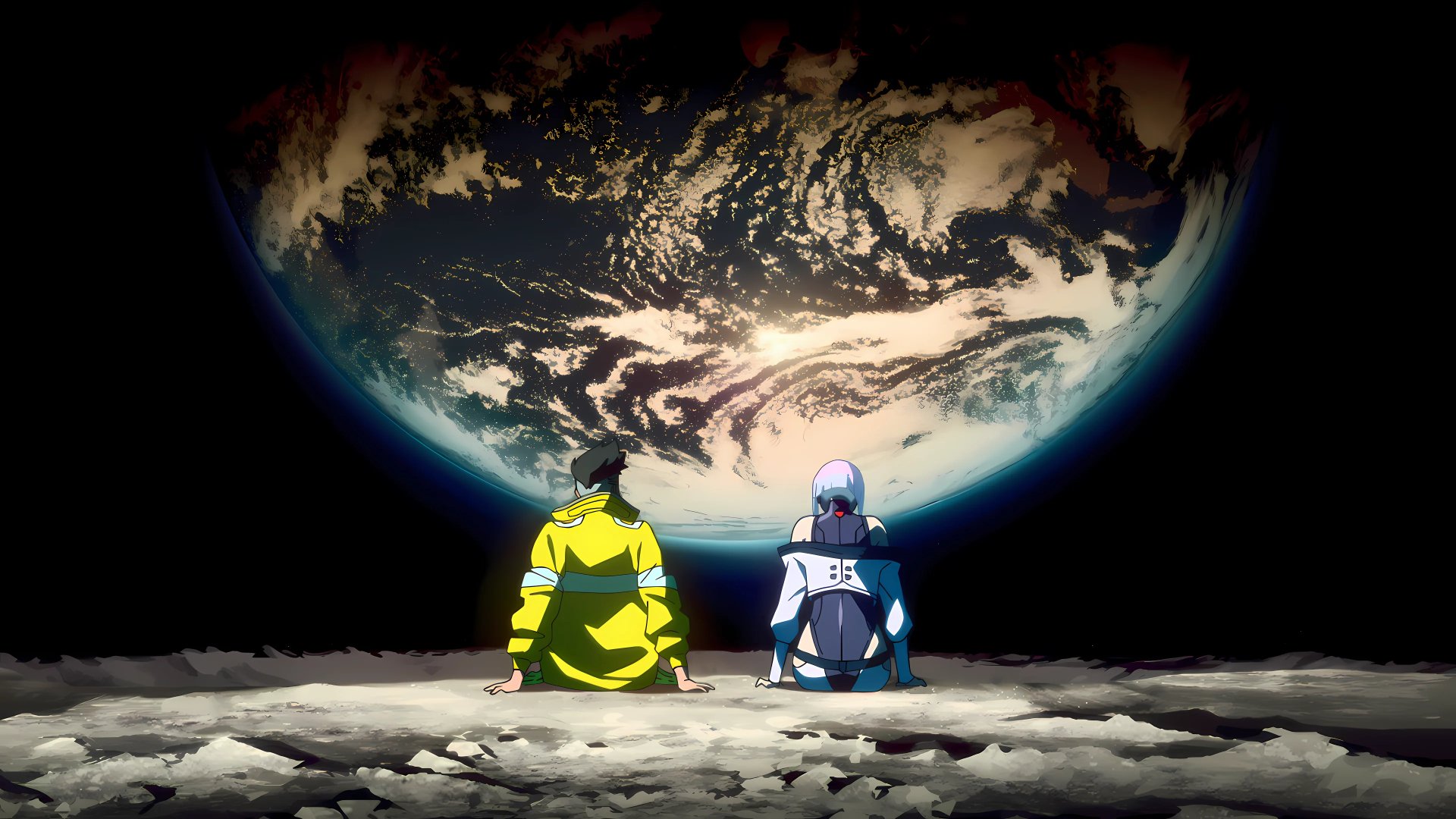 A 4K Ultra HD Cyberpunk: Edgerunners wallpaper showing two characters sitting on the moon, gazing at Earth suspended in the vastness of space.