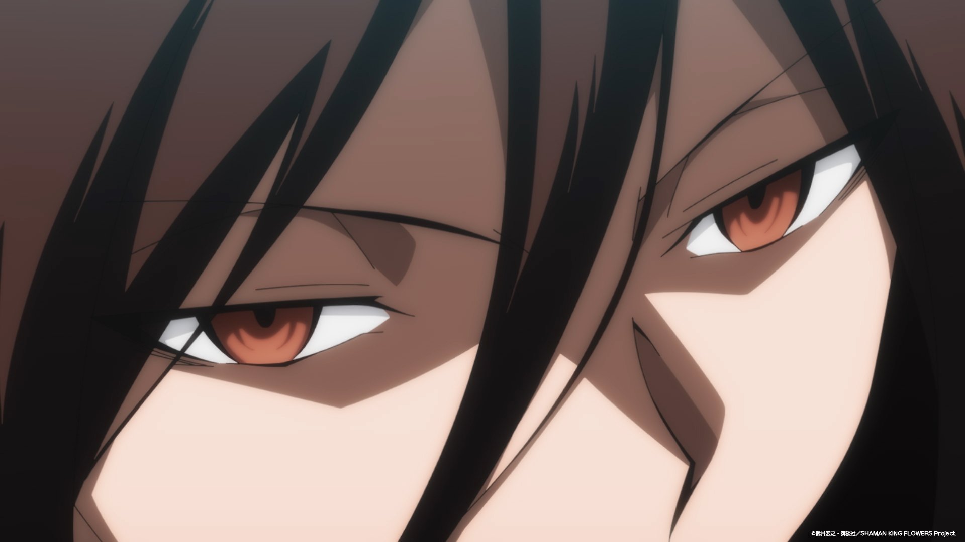 HD anime desktop wallpaper featuring a close-up of a Shaman King Flowers character's intense eyes.