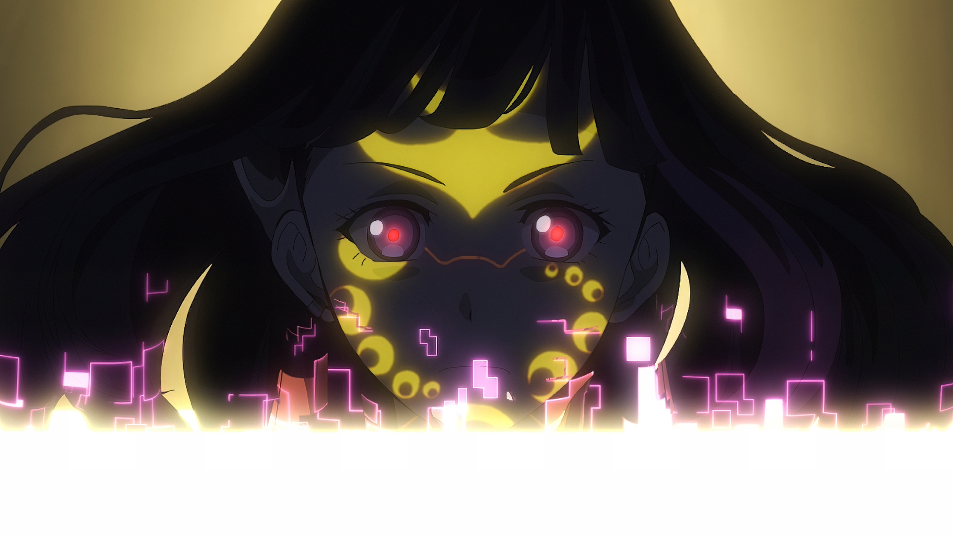 Anime character with metallic rouge details in an HD desktop wallpaper with glowing background.