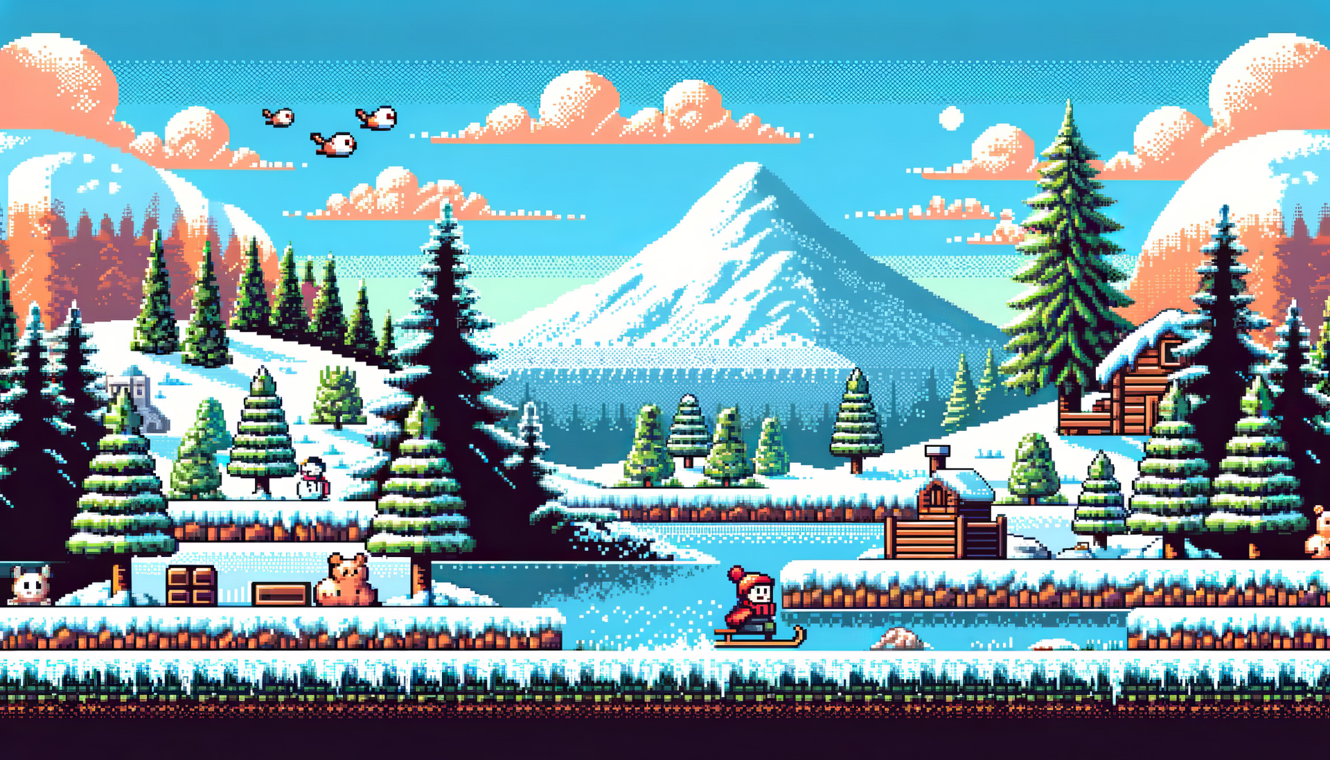 HD pixel art wallpaper featuring a winter scene with sledding, snowy mountains, pine trees, and a clear blue sky.